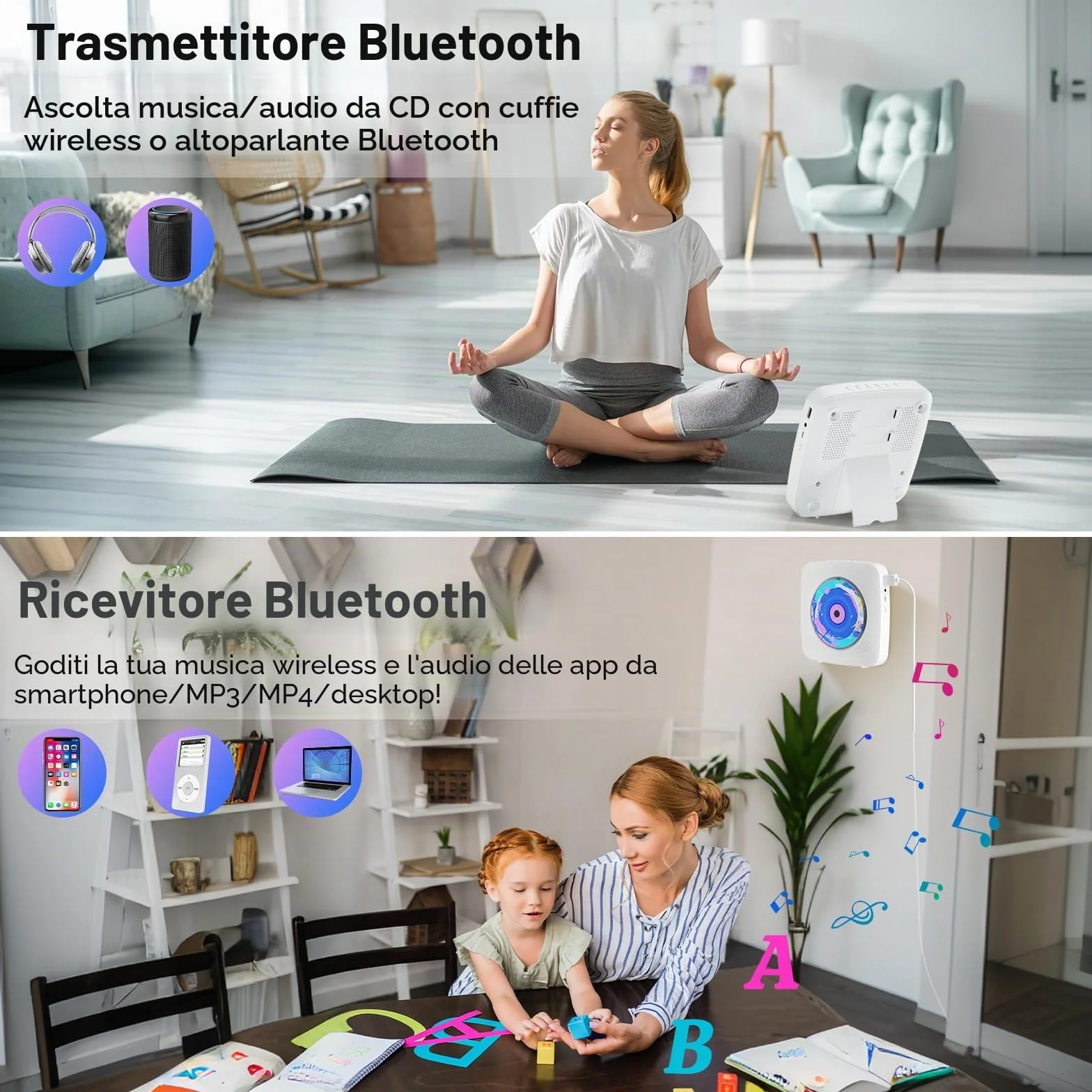 Lettore CD Portatile Bluetooth Kegaudio con Altoparlante USB/AUX Presa per Cuffie Bianco