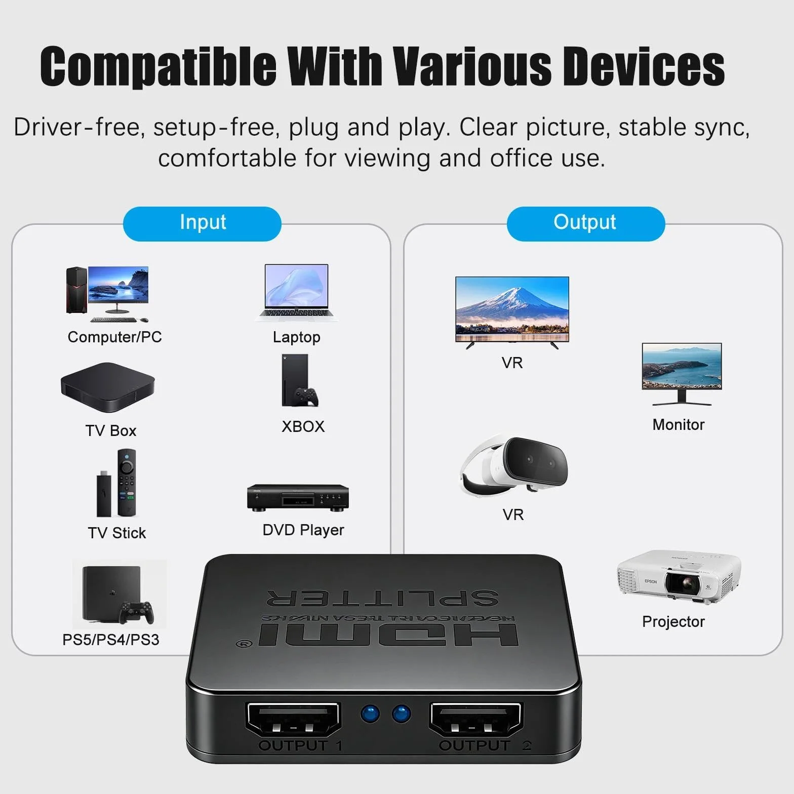 Splitter HDMI 1 in 2 out 4K per 2 monitor, distributore HDMI Full HD per HDTV, Xbox, PS4