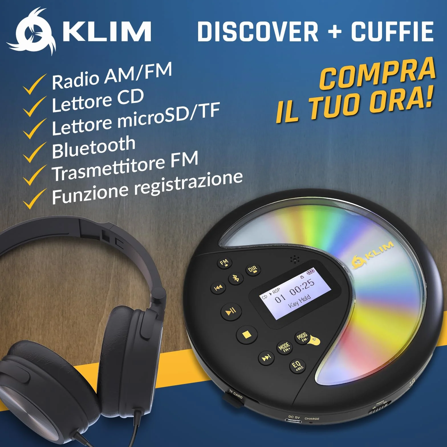 KLIM Discover Lettore CD HiFi Portatile Radio FM Bluetooth Nero/Oro