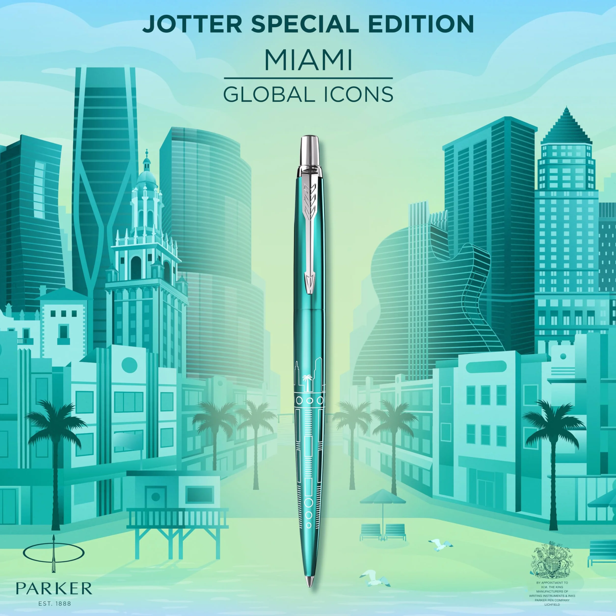 Parker Jotter Penna a sfera Edizione speciale Miami Turquoise puntale cromato Punta media Inchiostro blu Confezione regalo