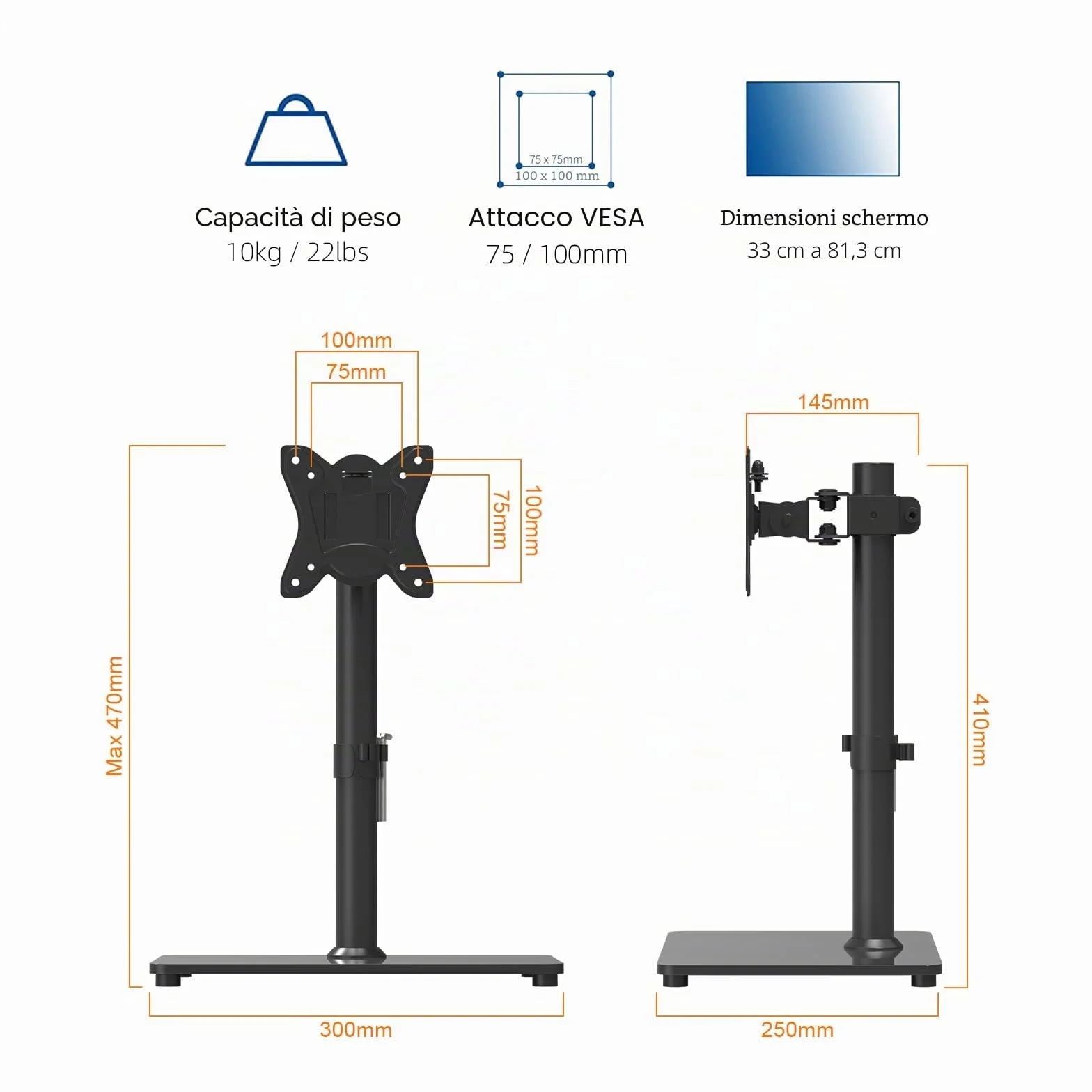 GRIFEMA GB1005-1 Supporto TV per schermi 13-32 pollici piatte curve plasma OLED LCD LED, regolabile rotazione altezza, fino 10 kg, VESA 100x100 mm