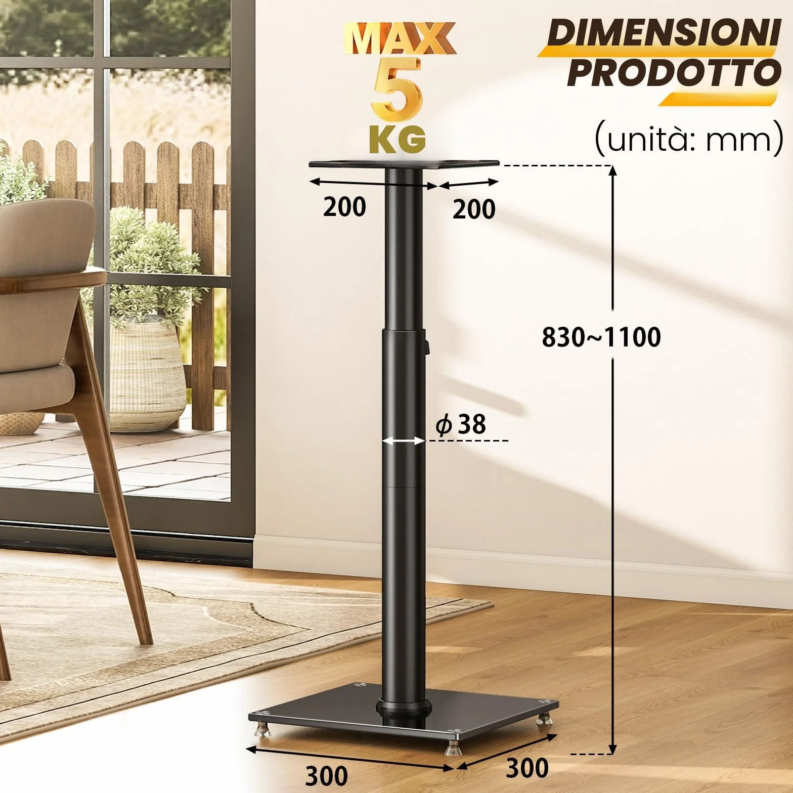 Set di 2 supporti universali per altoparlanti surround, altezza regolabile 830-1100 mm, 5 kg, nero