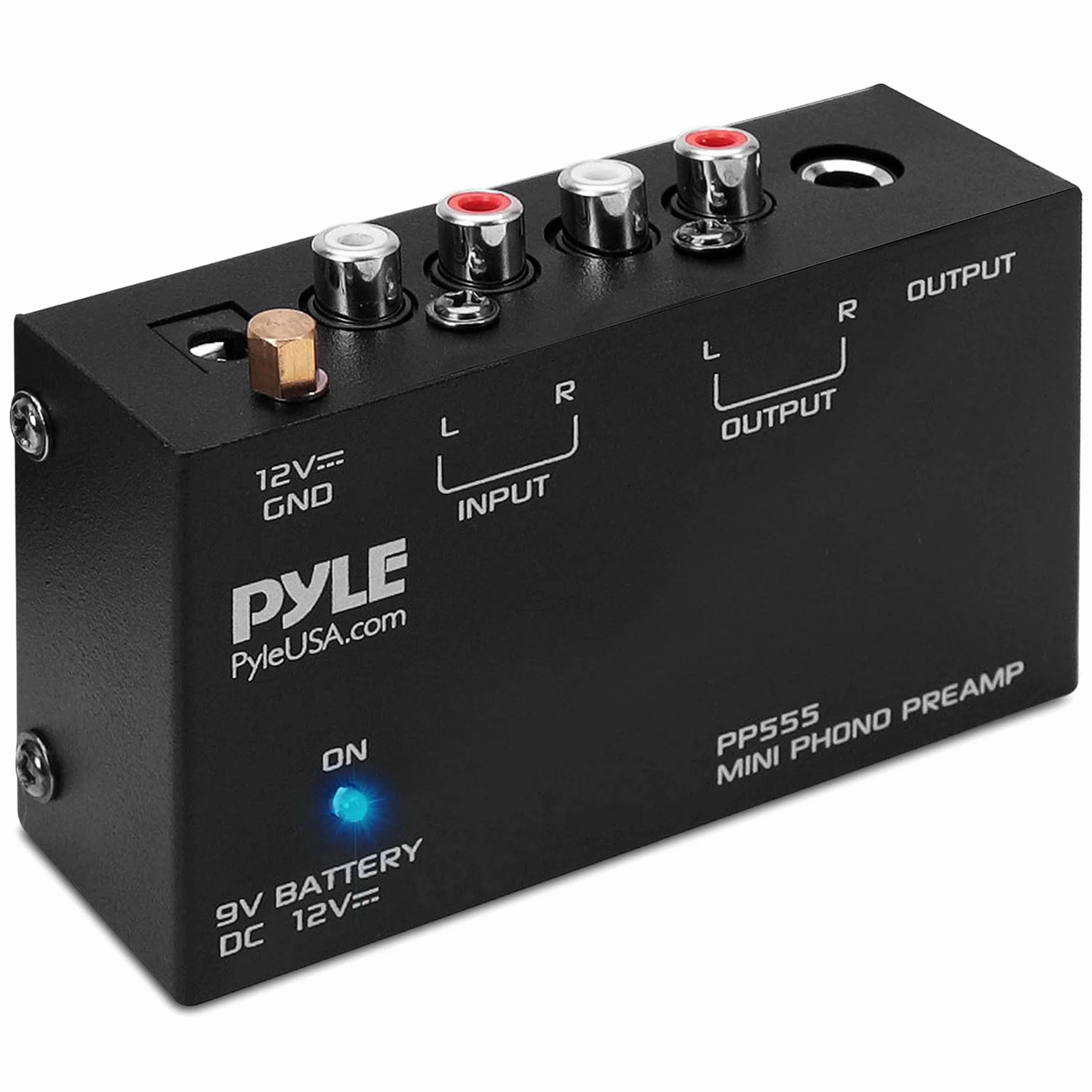 Pyle PP555 Phono Turntable Preamp Mini Electronic Audio Stereo Preamplifier 9V Battery DC 12V RCA Input Output Low Noise Black