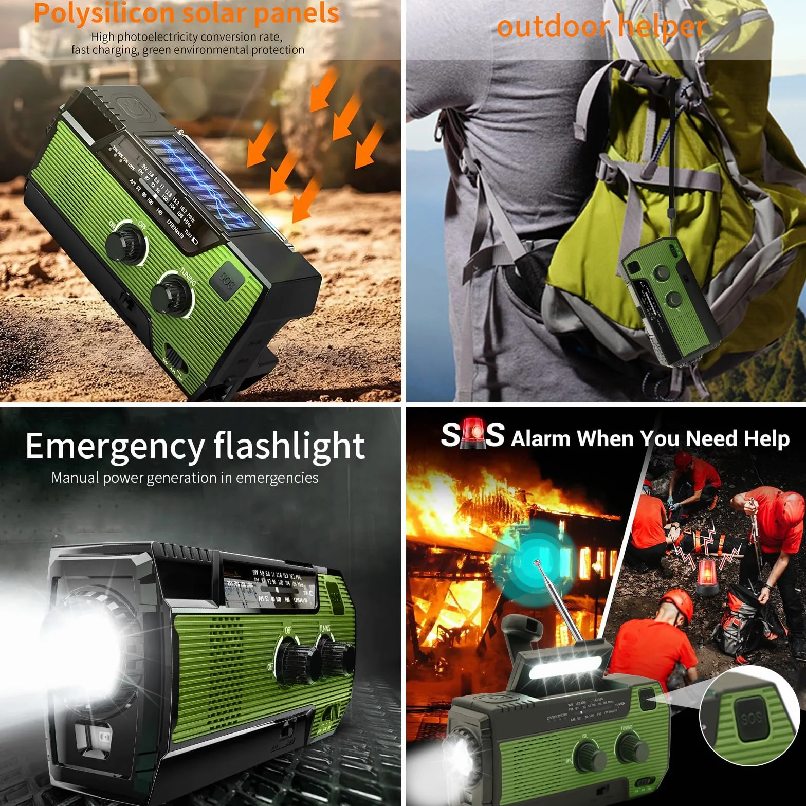 SOLARBABY Radio solare di emergenza con manovella, torcia LED, allarme SOS, AM/FM, batteria 4000 mAh, ricarica smartphone (Verde)