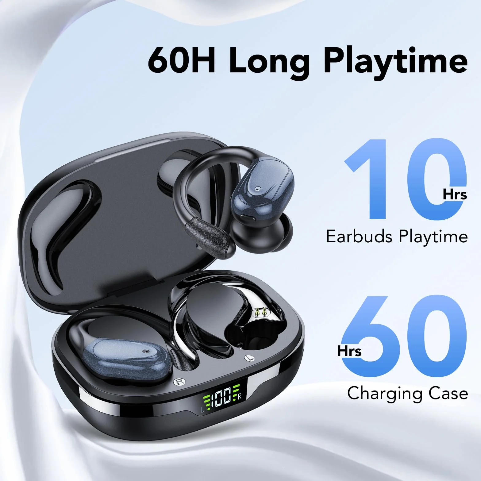 Cuffie Bluetooth Sport 5.3 Gancio Orecchio 60H LED Ricarica ENC IPX7 Impermeabile Nero