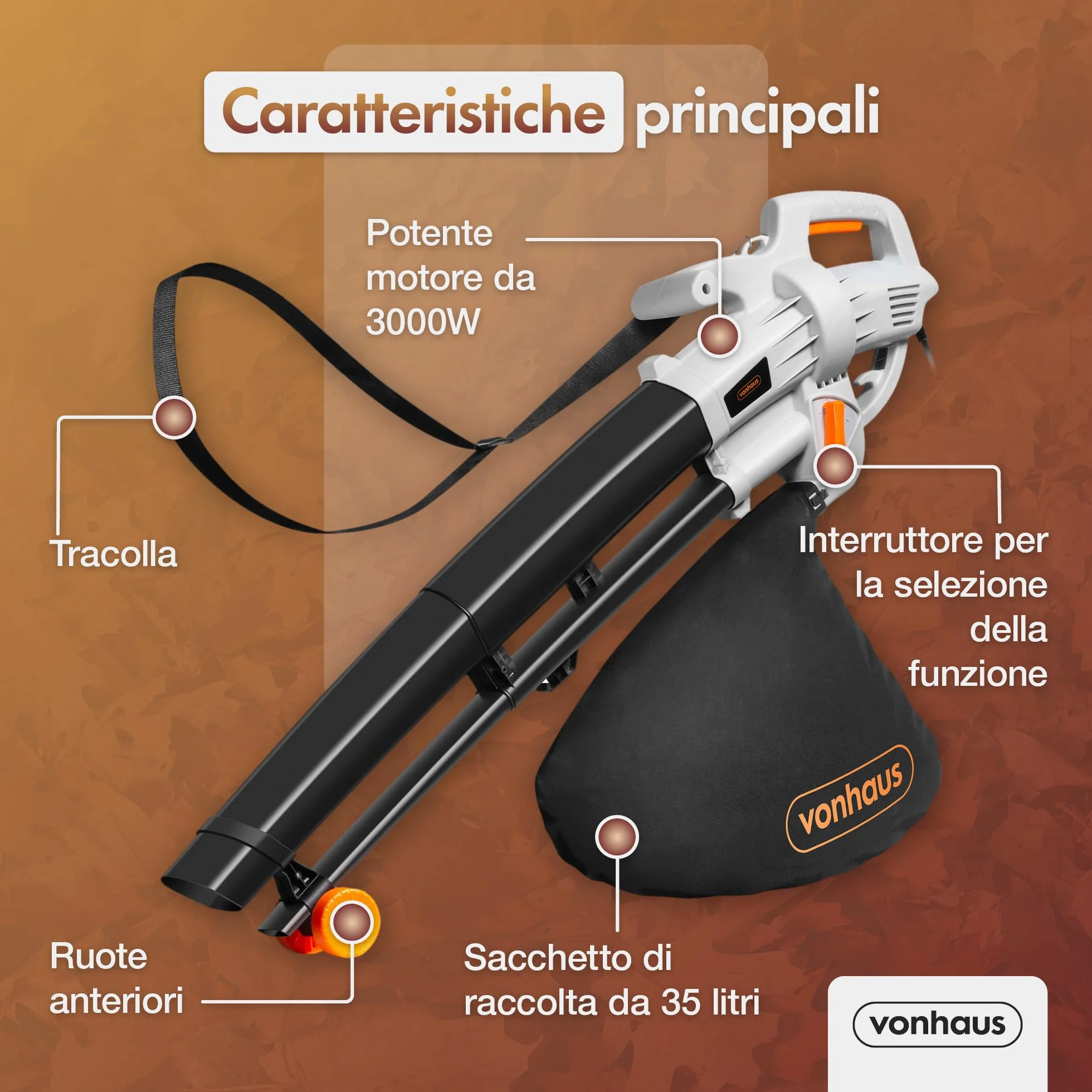 VonHaus Soffiatore e Aspirafoglie da Giardino da 3000 W – Soffiatore Foglie per Giardini, Grondaie, Vialetti – Leggero, con Tracolla, Ruote, Sacca Raccolta da 35 Litri
