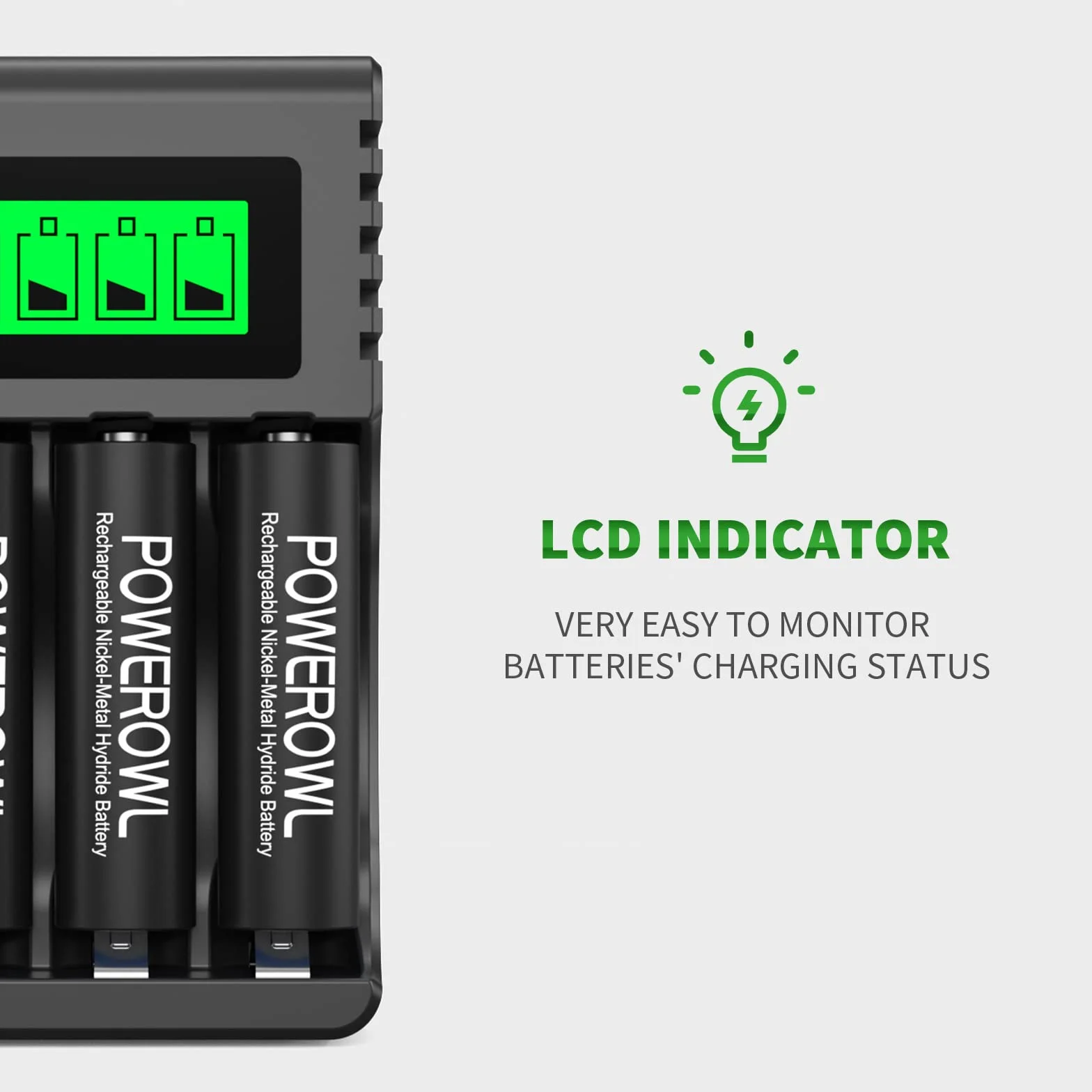 POWEROWL Caricabatterie Indipendente per AA AAA Ricaricabili Ni-MH USB Ricarica Rapida 4 Slot