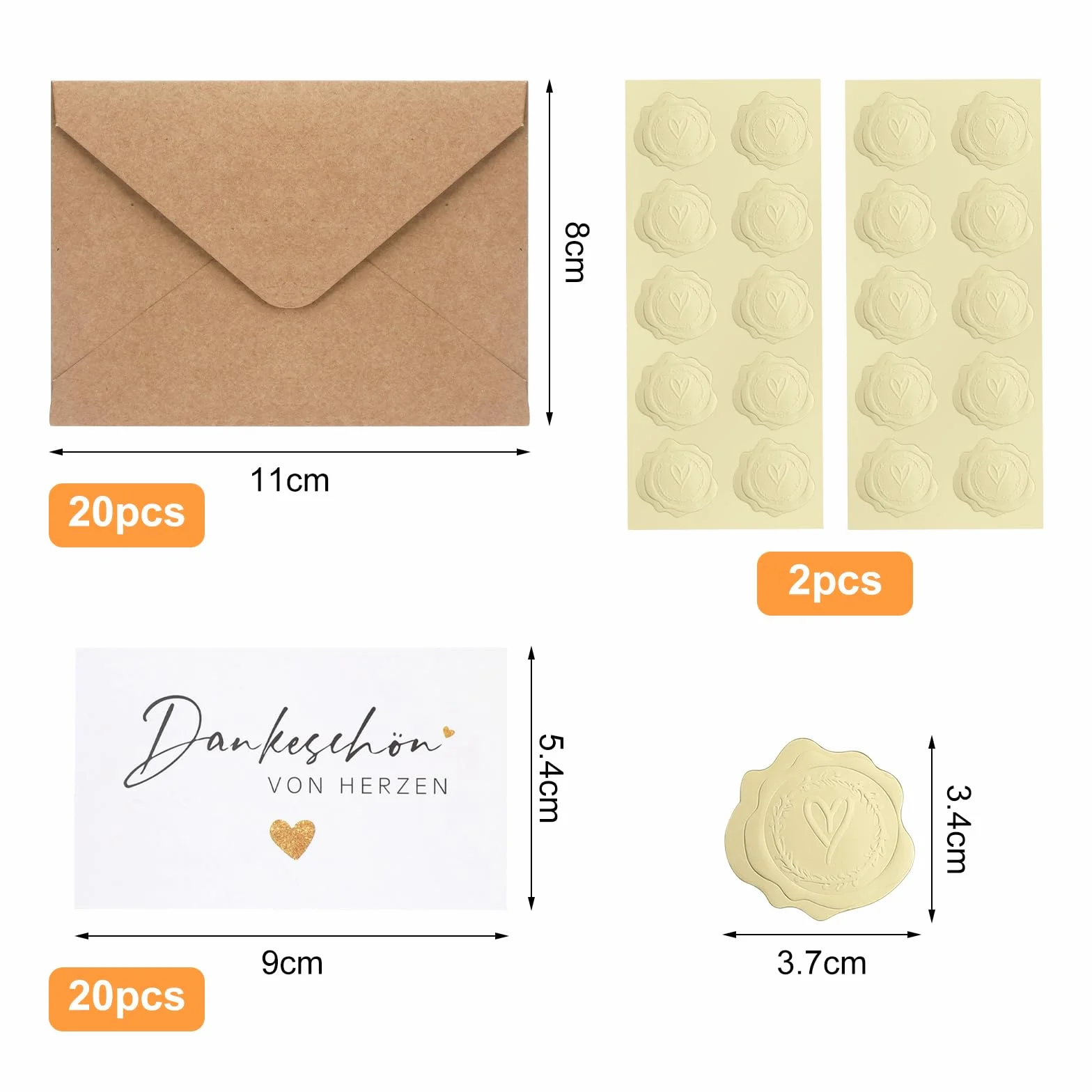 VOSSOT 20 biglietti di ringraziamento 9x5,4 cm con buste in carta kraft e sigillo dorato