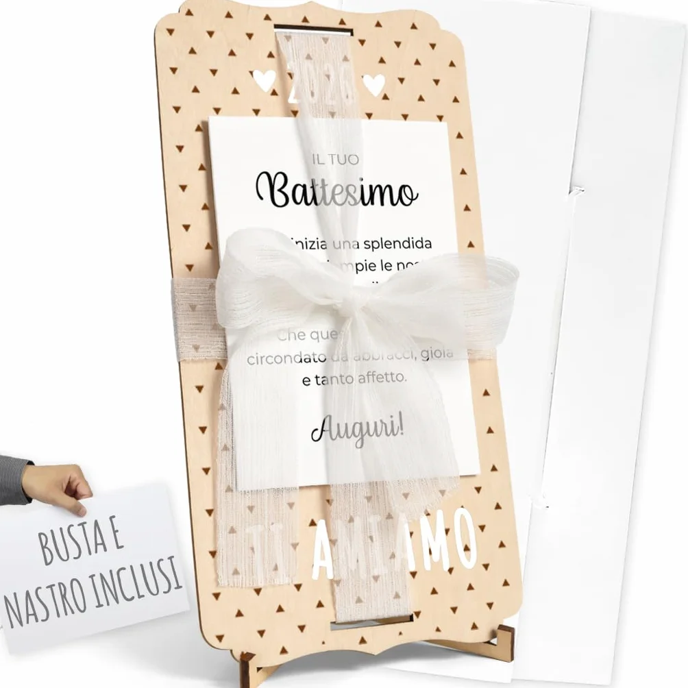 Battesimo carta personalizzata in legno nagu® regalo bambino fiocco busta supporto lettere foto