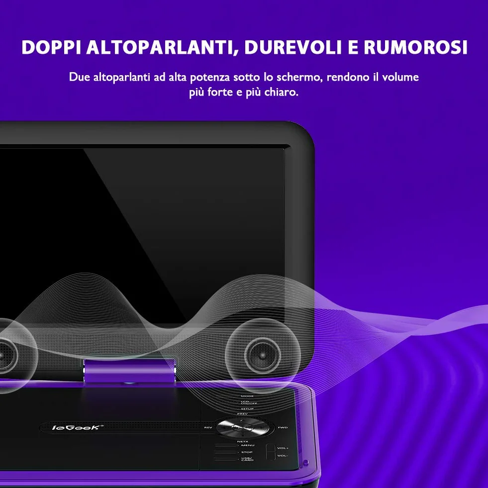 ieGeek 11.5" Lettore DVD portatile schermo girevole 360° batteria ricaricabile 5 ore Viola