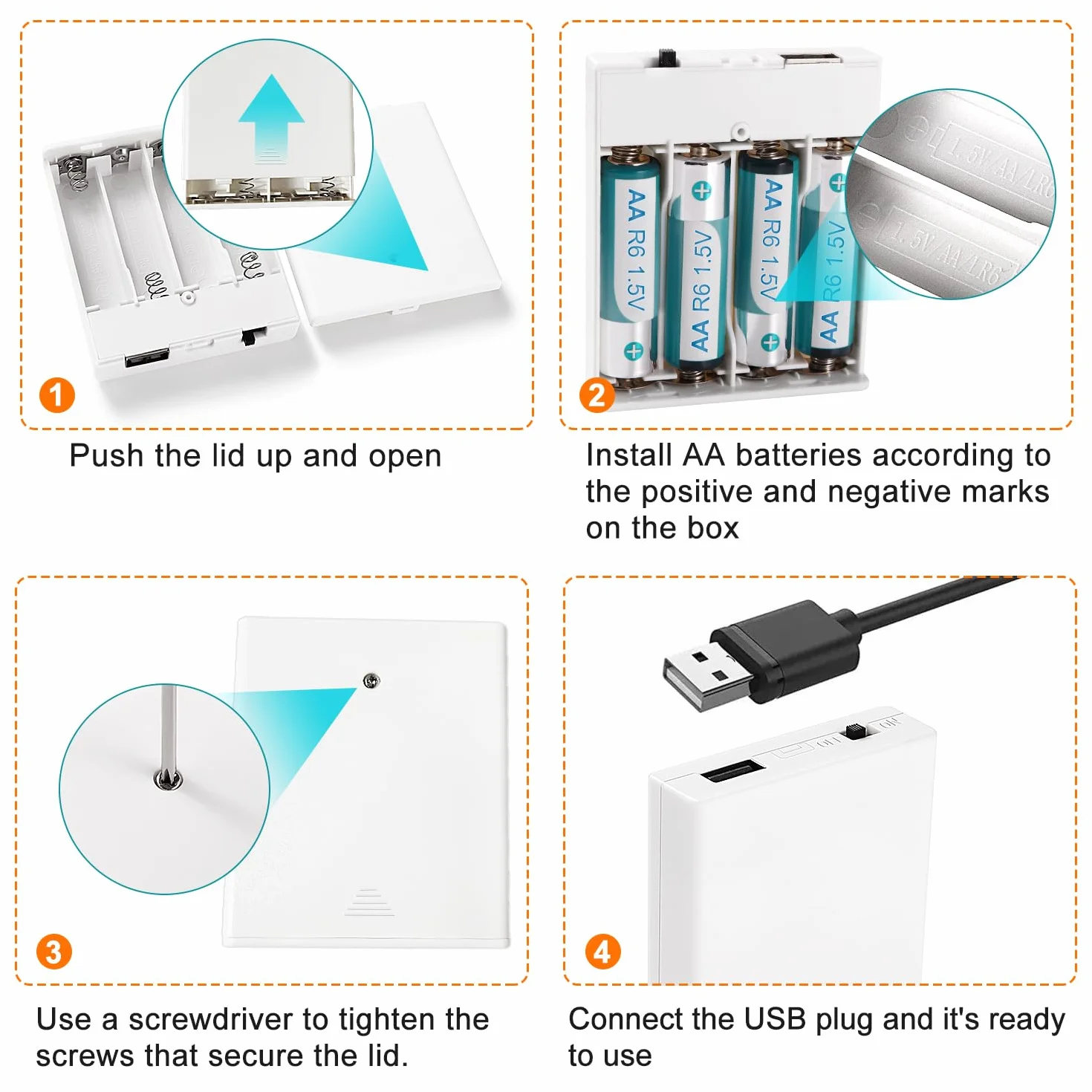 Portabatteria 6V 4x1.5V AA Supporto Batteria con USB Femmina Interruttore On/Off Bianco