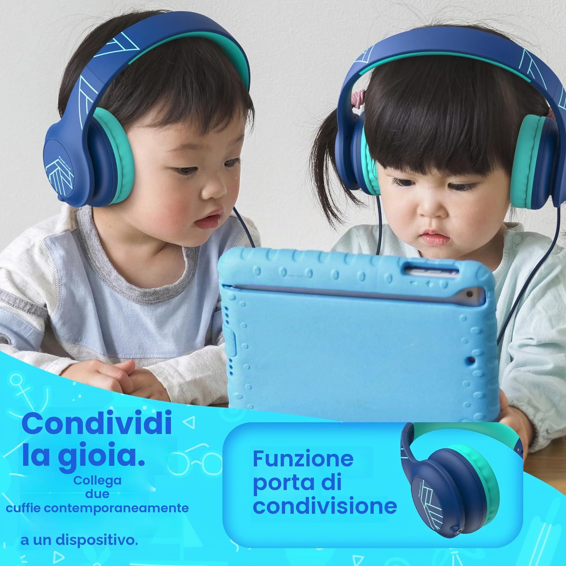 PowerLocus Cuffie per Bambini con Filo, Pieghevoli, Limitazione Volume 85/94dB, 3.5mm Jack, Microfono, Hi-Fi Stereo per Telefono/Viaggio/PC (Blu)