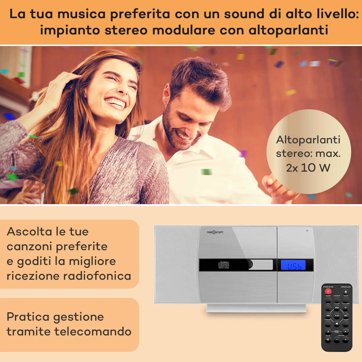 oneConcept Radio Portatile con Lettore CD HiFi, FM Stereo, AUX, 2 Altoparlanti, Display LCD, Telecomando, Sveglia, MP3, SD