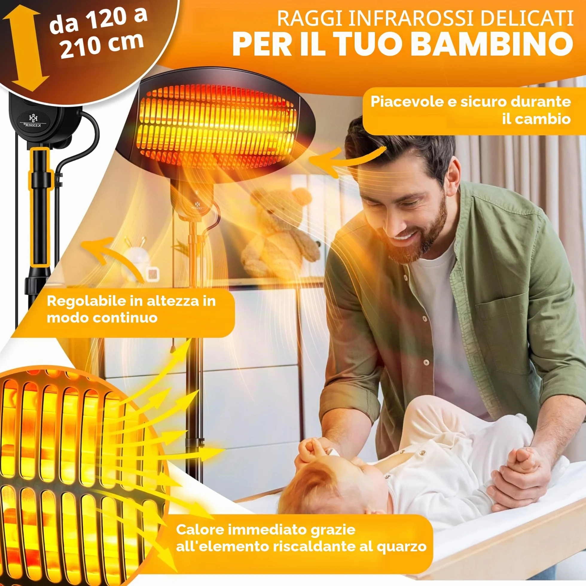 KESSER Riscaldamento radiante 2000 Watt infrarossi da terra regolabile in altezza
