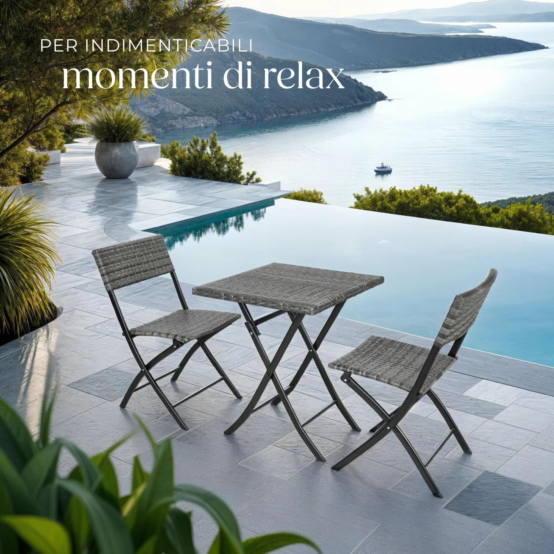 tectake® Set 3 Pezzi Trevi in Rattan, 1 Tavolo con 2 Sedie, Protezione dai Raggi UV, Ripiegabile, Design Moderno, Set Giardino, Terrazzo, Balcone, Campeggio - Grigio