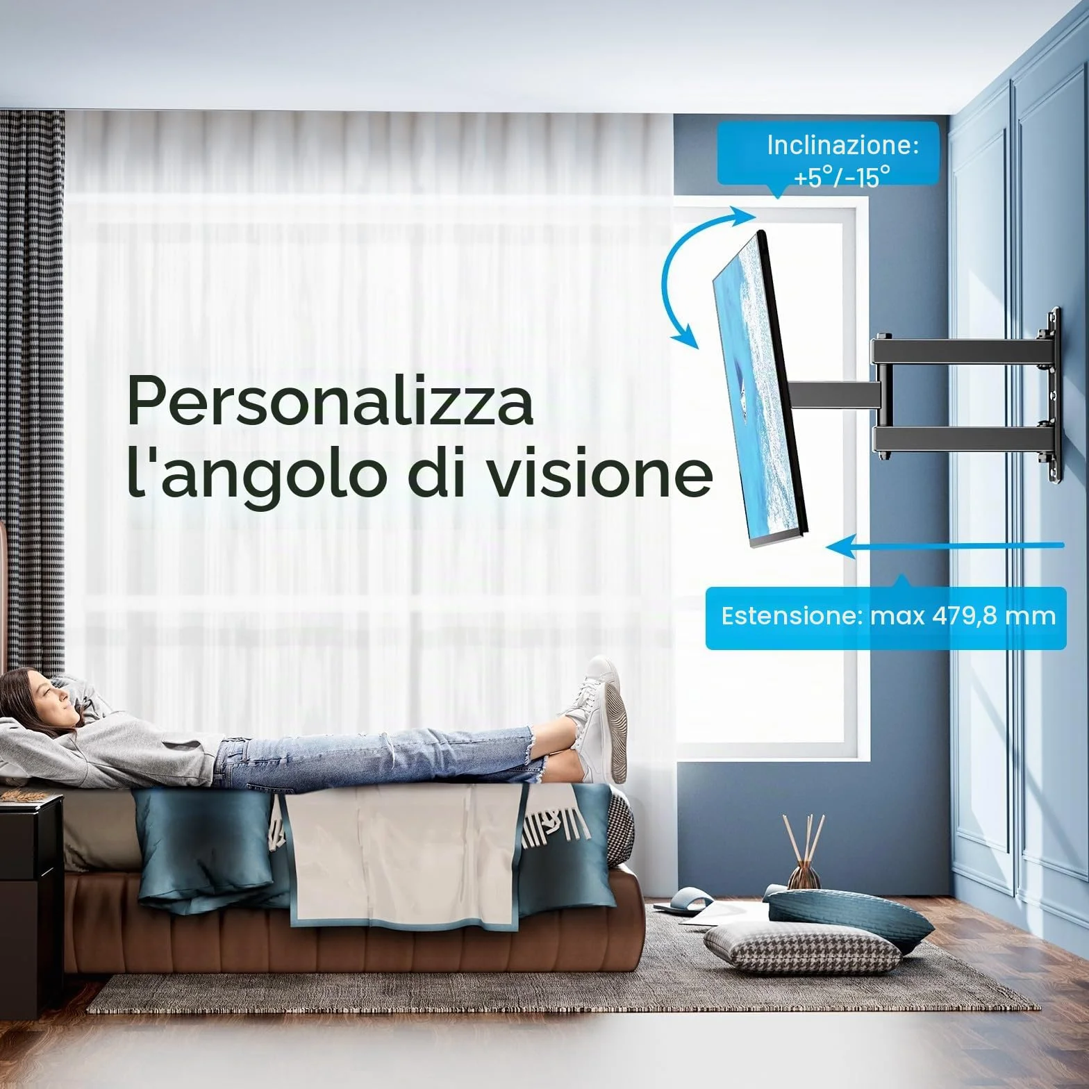 PERLESMITH Supporto TV Parete Inclinabile Orientabile per Schermi 26-60 Pollici LED LCD Curvo 35 kg VESA 400x400 mm