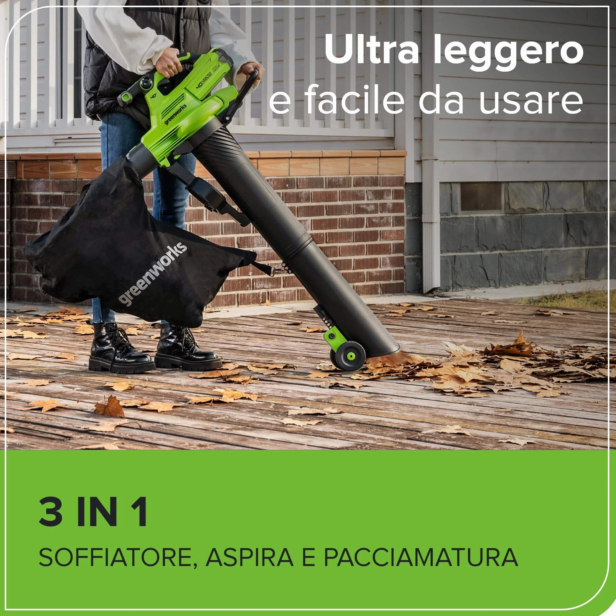 Greenworks 40V Aspiratore Soffiatore a Batteria per Foglie, Motore Brushless, 370km/h, 14.17 m³/min, Sacco di Raccolta da 45L, Due Batterie 2Ah e Caricabatterie, Garanzia 3 Anni GD40BVIIK2X