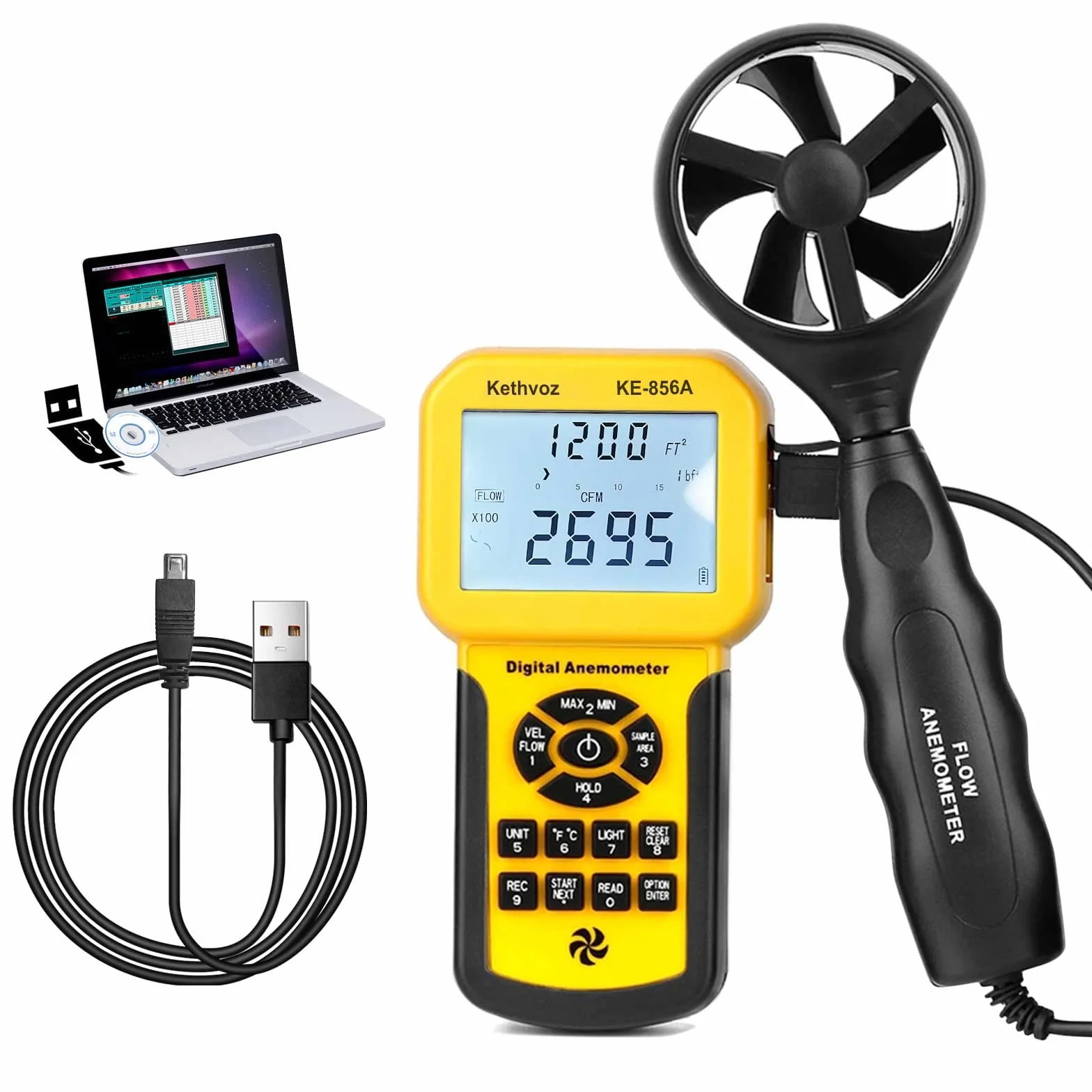 Kethvoz HVAC Anemometro per Vento Velocità, Misuratore di Flusso d'aria Industriale CFM Wind Speed Meter, Archiviazione dati, Misurare Air Flow Volume Temperature per Aria Condizionata
