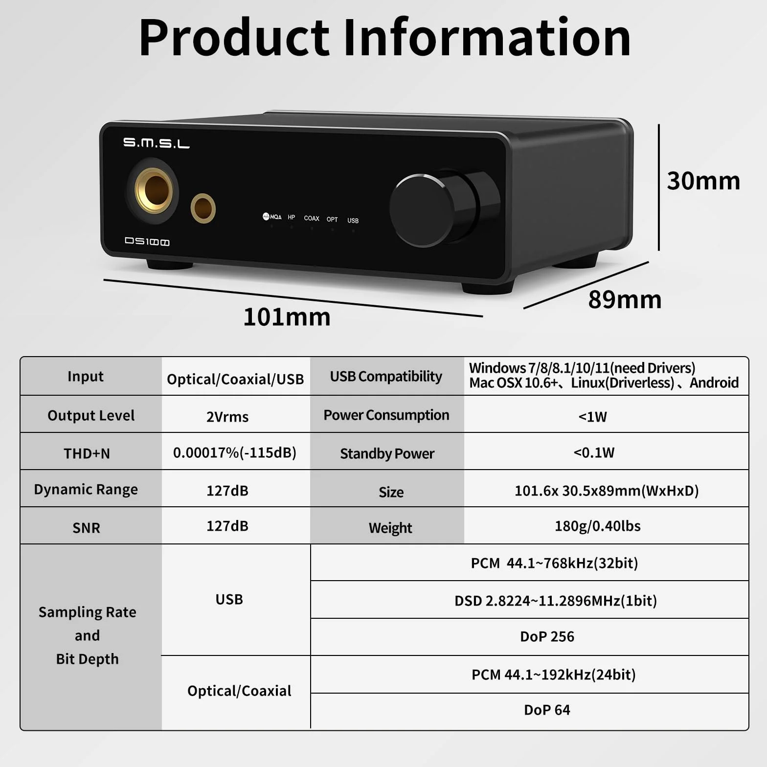 S.M.S.L DS100 DAC USB MQA CS43131 amplificatore cuffie 6,35mm 4,4mm XMOS XU-316 32bit/768kHz DSD256 Ingresso USB ottico coassiale