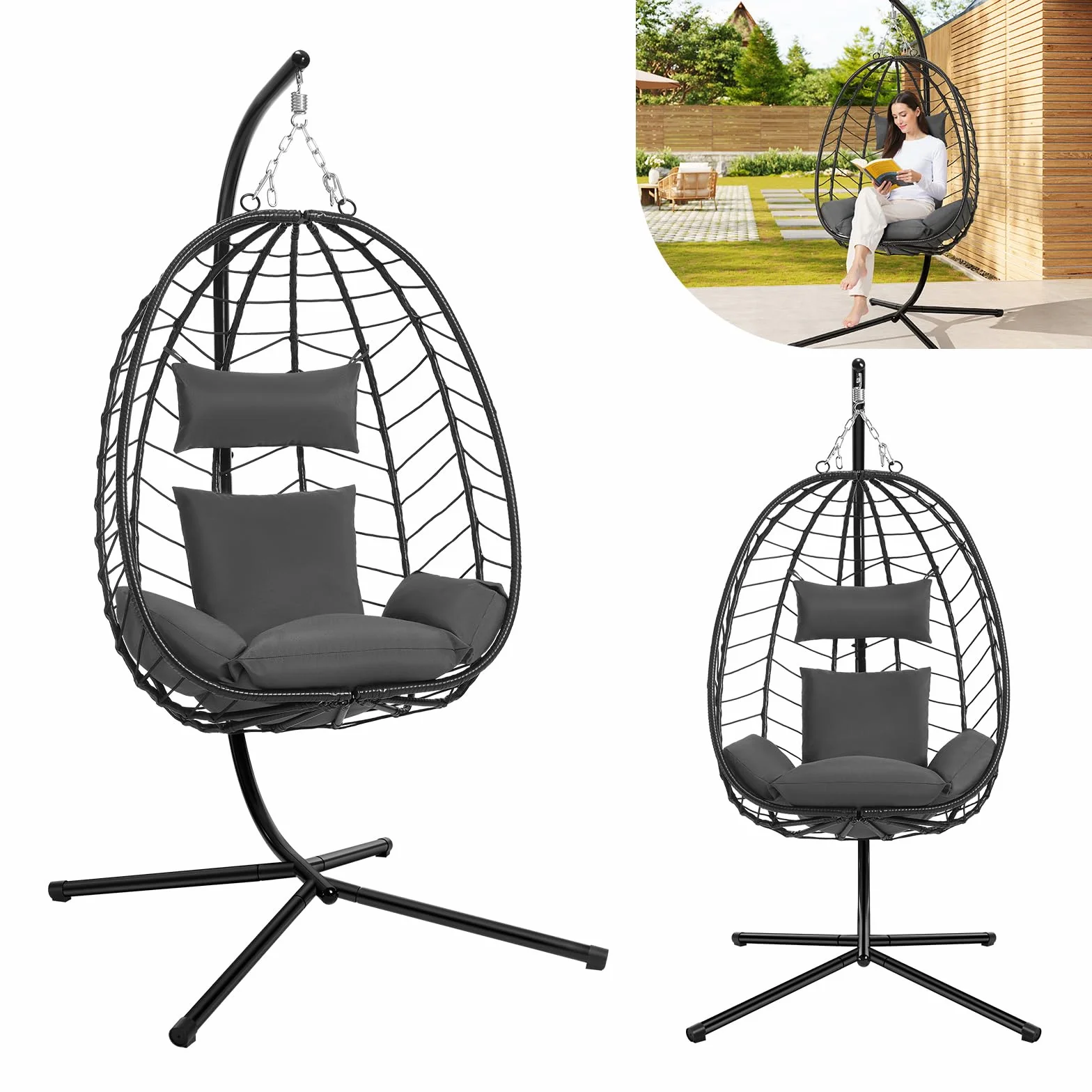 Laneetal Sedia Sospesa a Uovo con Supporto, Poltrona Sospesa con Cuscino e Poggiatesta, Portata 150 kg, Rattan PE, Struttura in Metallo, per Giardino Patio Balcone Terrazza, Grigio Scuro