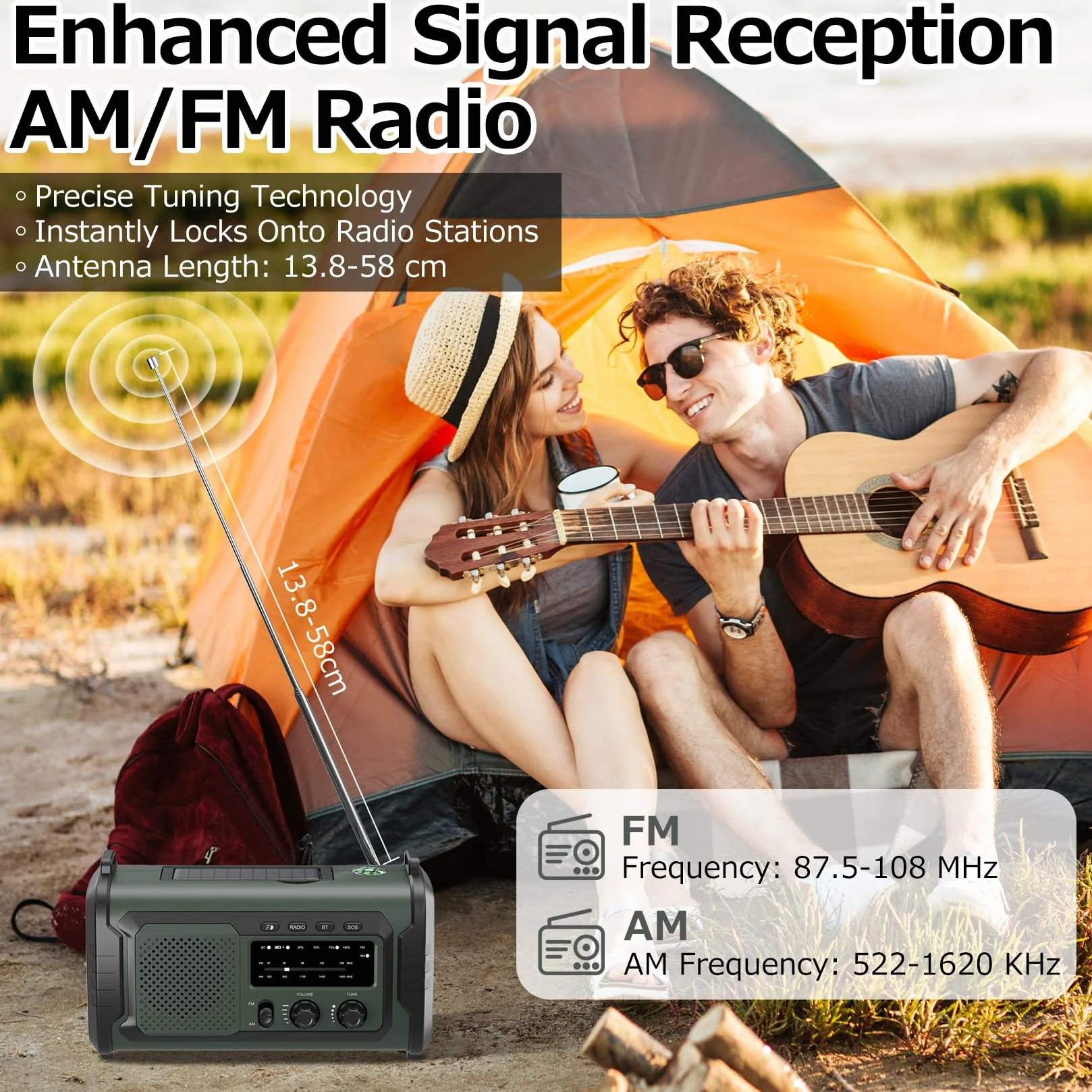 Radio a Manovella 27000mAh FM AM Bluetooth 5.3 Solarecon Allarme SOS Bussola Torcia Elettrica