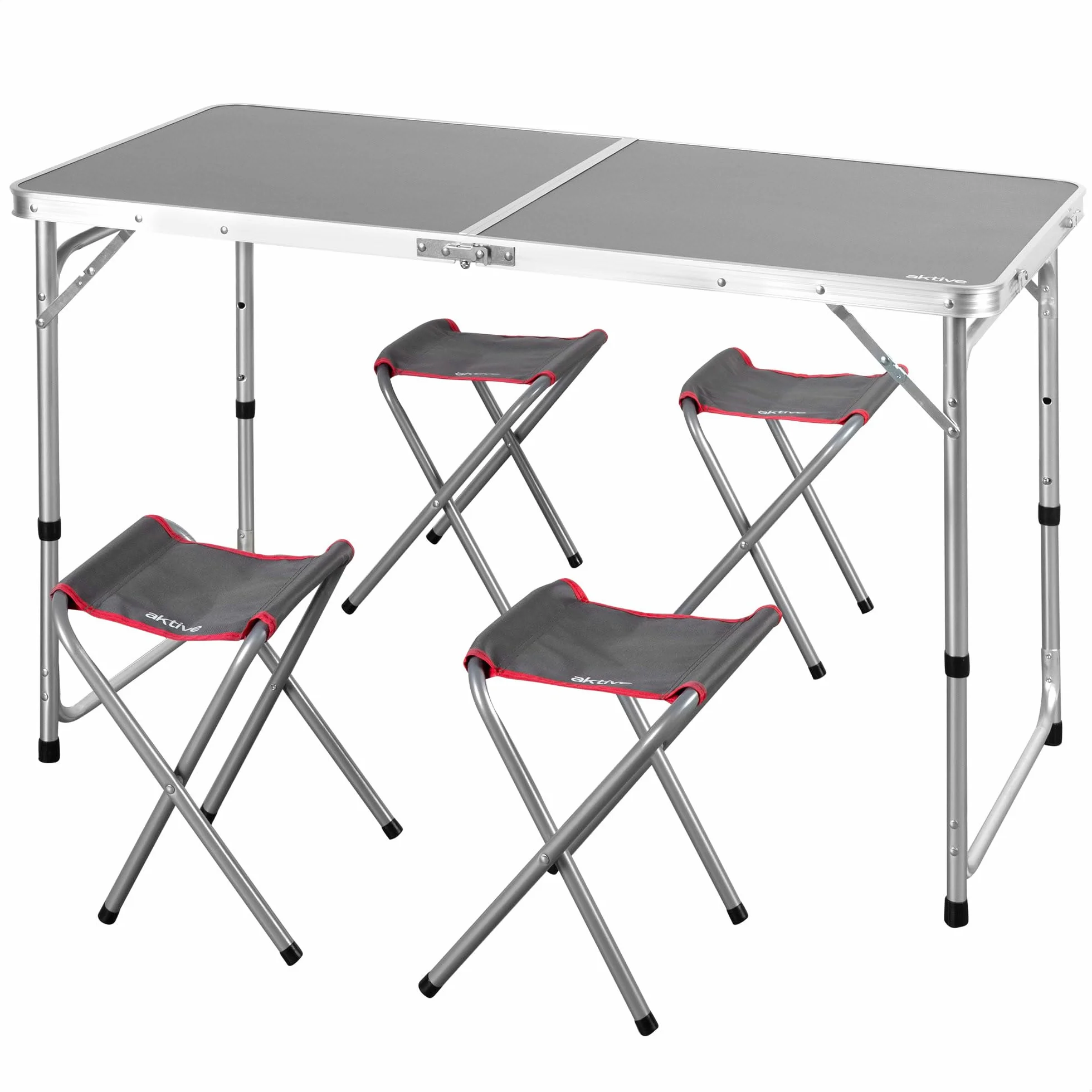 AKTIVE 63161 Tavolo pieghevole in alluminio con 4 sgabelli in acciaio, altezza regolabile 60-70 cm, superficie 120 x 60 cm, finitura grigia, design portatile con maniglia per campeggio, spiaggia e