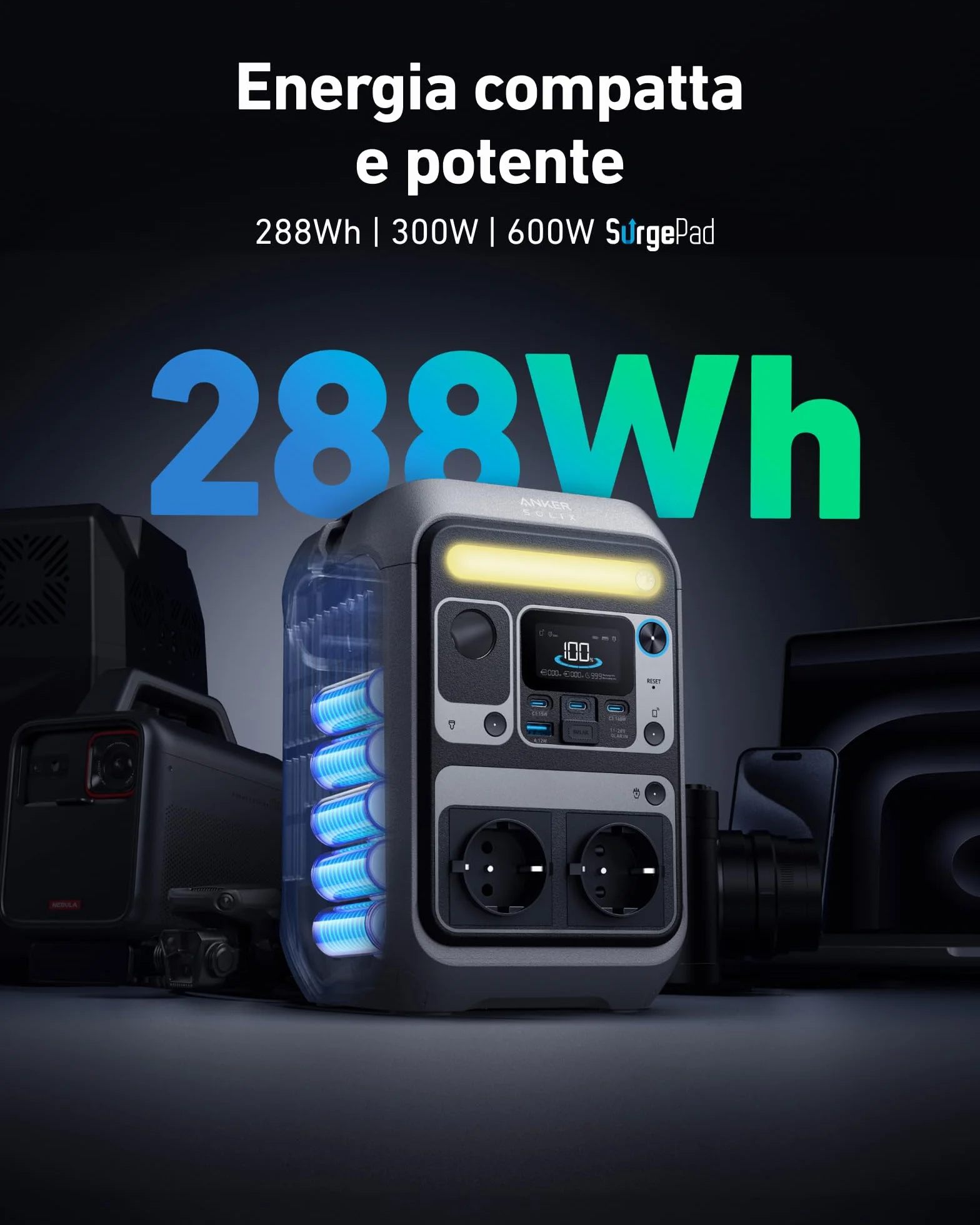 Anker SOLIX C300 centrale elettrica portatile, batteria LiFePO4 da 288Wh, generatore solare da 300W (picco 600W), ricarica bilaterale da 140W, campeggio, viaggi, emergenze (pannello solare opzionale)