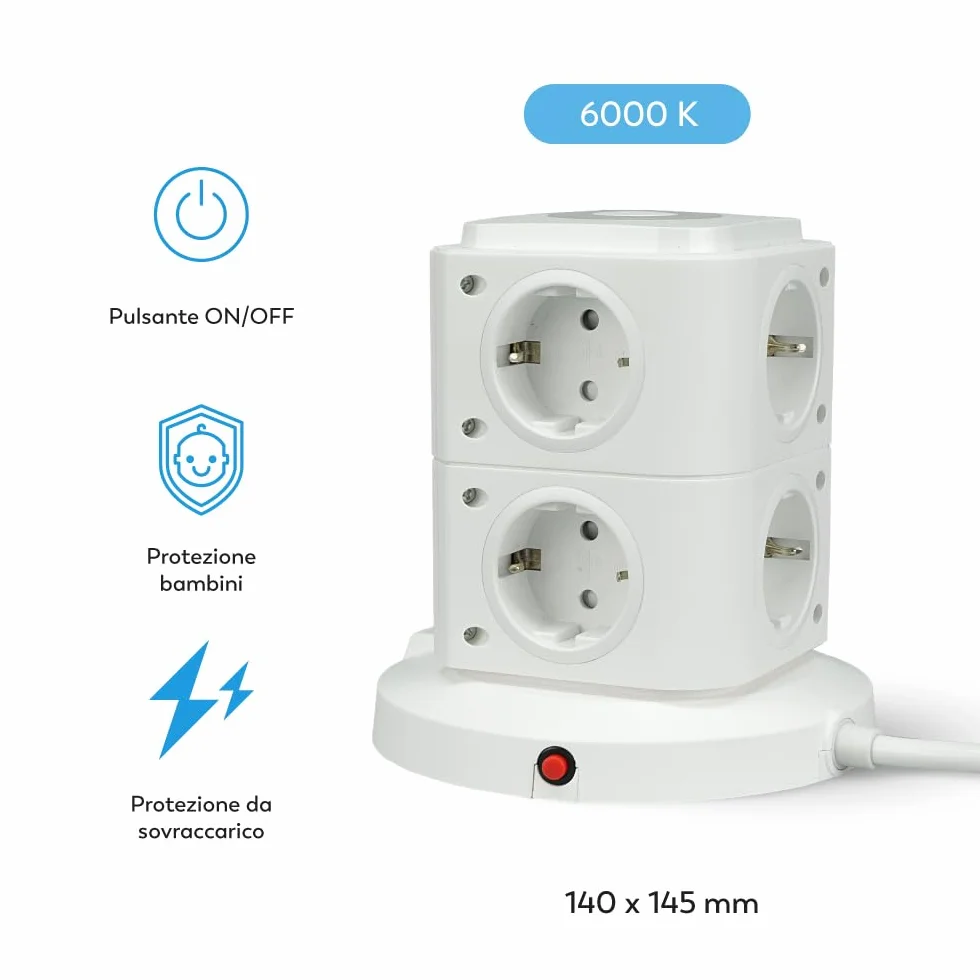 Ciabatta Elettrica 11 in 1 con 8 Prese Schuko, 2 USB-C PD20W e 1 USB-A, Bianco