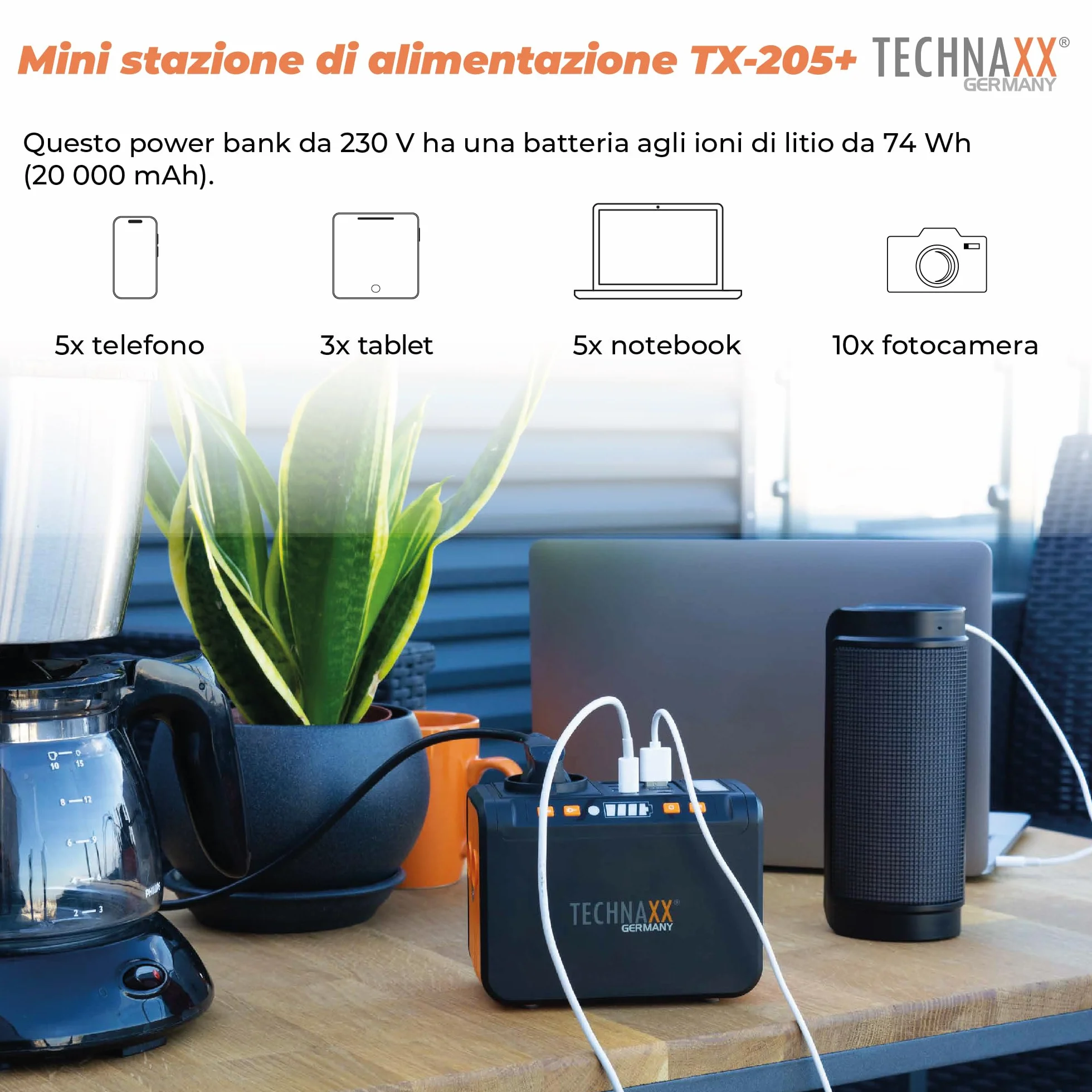 Technaxx Mini Power Station Portatile 74Wh 80W – Presa AC 230V, USB-C PD 18W, 4×USB-A QC3.0, Uscita DC, LED, Compatibile con Ricarica Solare–Generatore per Campeggio – Modello Aggiornato 2026 TX-205+
