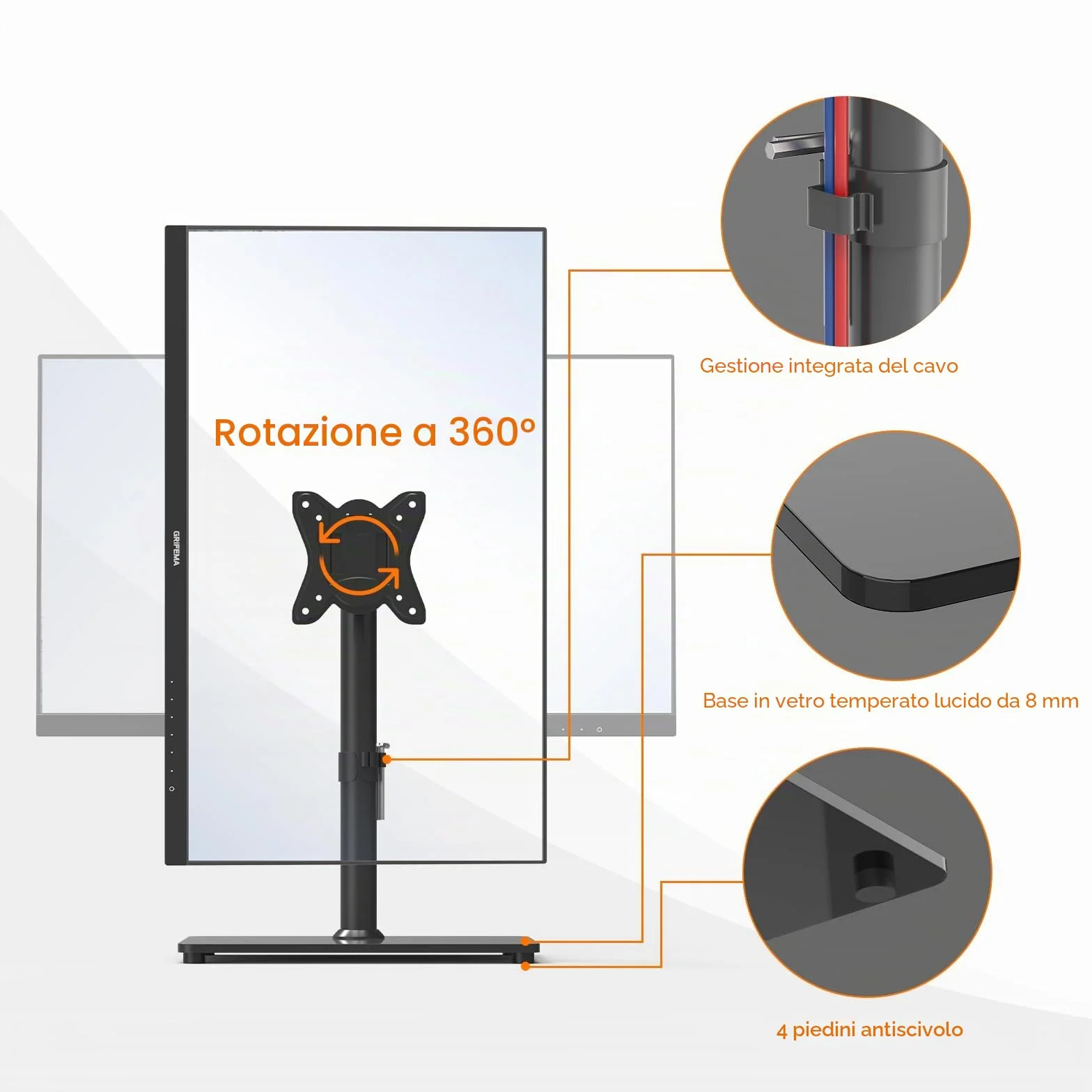 GRIFEMA GB1005-1 Supporto TV per schermi 13-32 pollici piatte curve plasma OLED LCD LED, regolabile rotazione altezza, fino 10 kg, VESA 100x100 mm