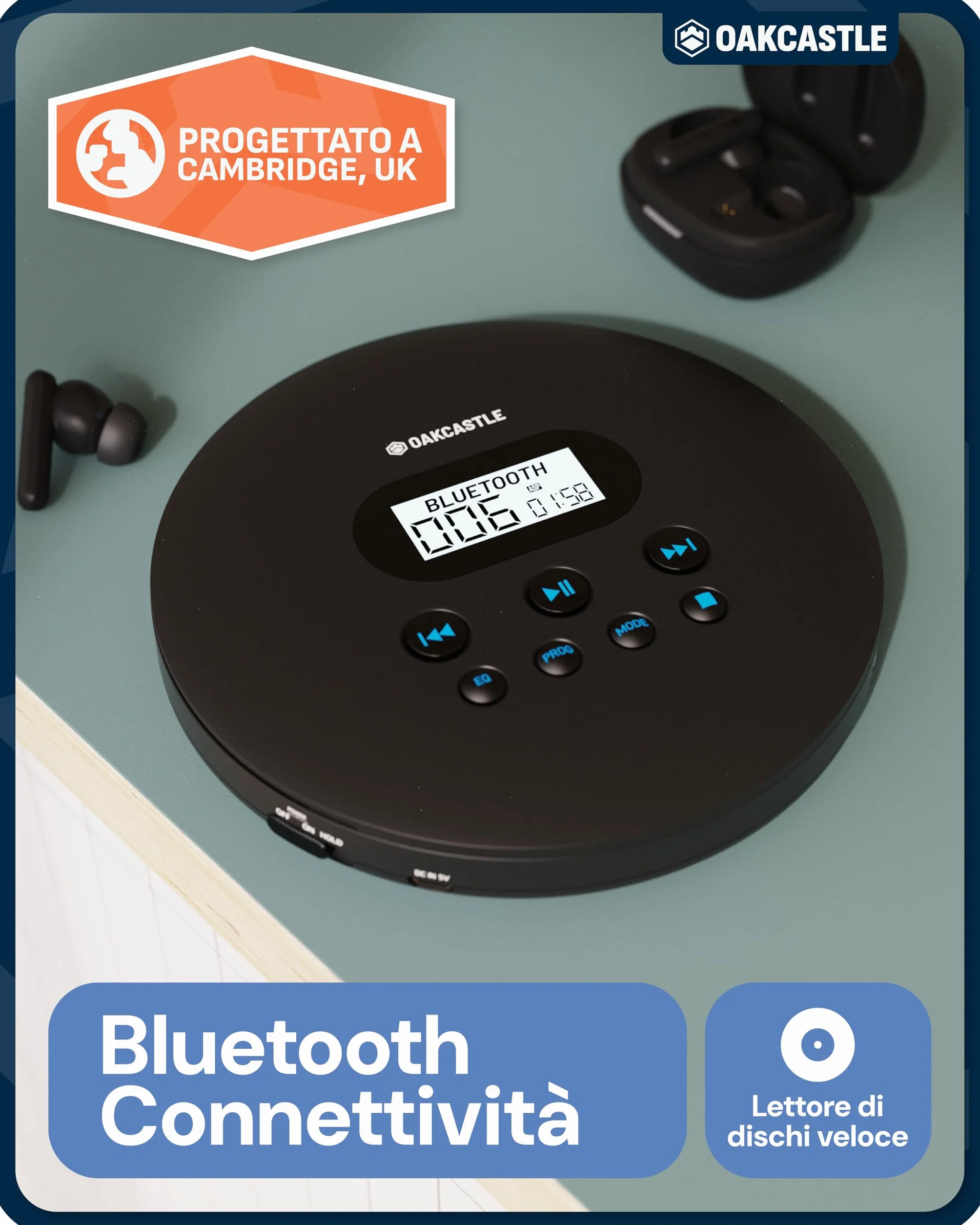 Oakcastle CD100 Lettore CD portatile ricaricabile Bluetooth 5.3, 12 ore riproduzione, anti-salto, USB-C