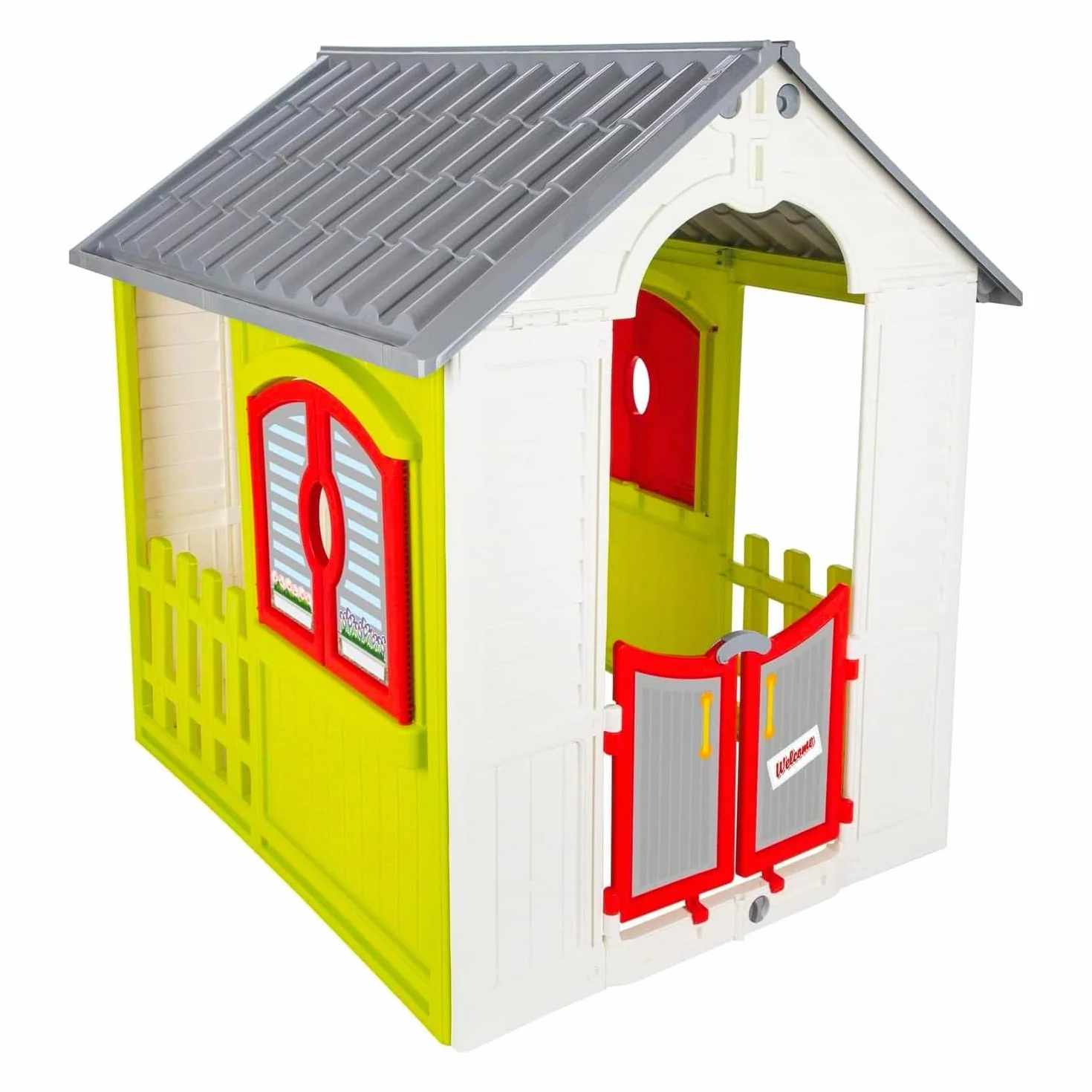 Casetta da Giardino per Bambini, Pieghevole, Design Cottage con Tetto Grigio, Pareti Bianche e Gialle