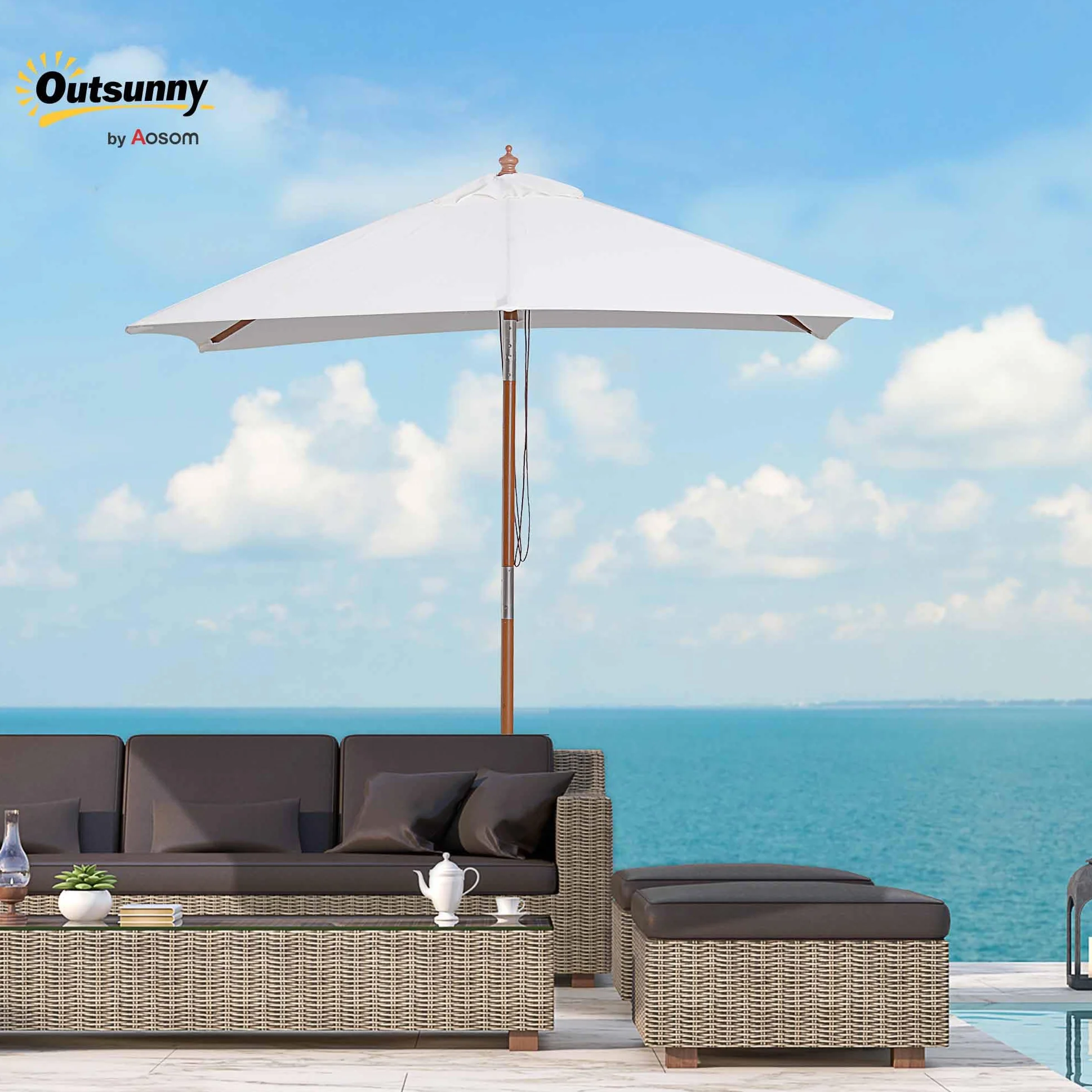 Outsunny Ombrellone da Giardino Inclinabile 2x1.5 m con Sistema a Corda e Presa d'Aria, Ombrellone da Esterno a 6 Stecche, in Legno, Bambù e Poliestere 180g/㎡, per Cortile Balcone Terrazzo, Crema