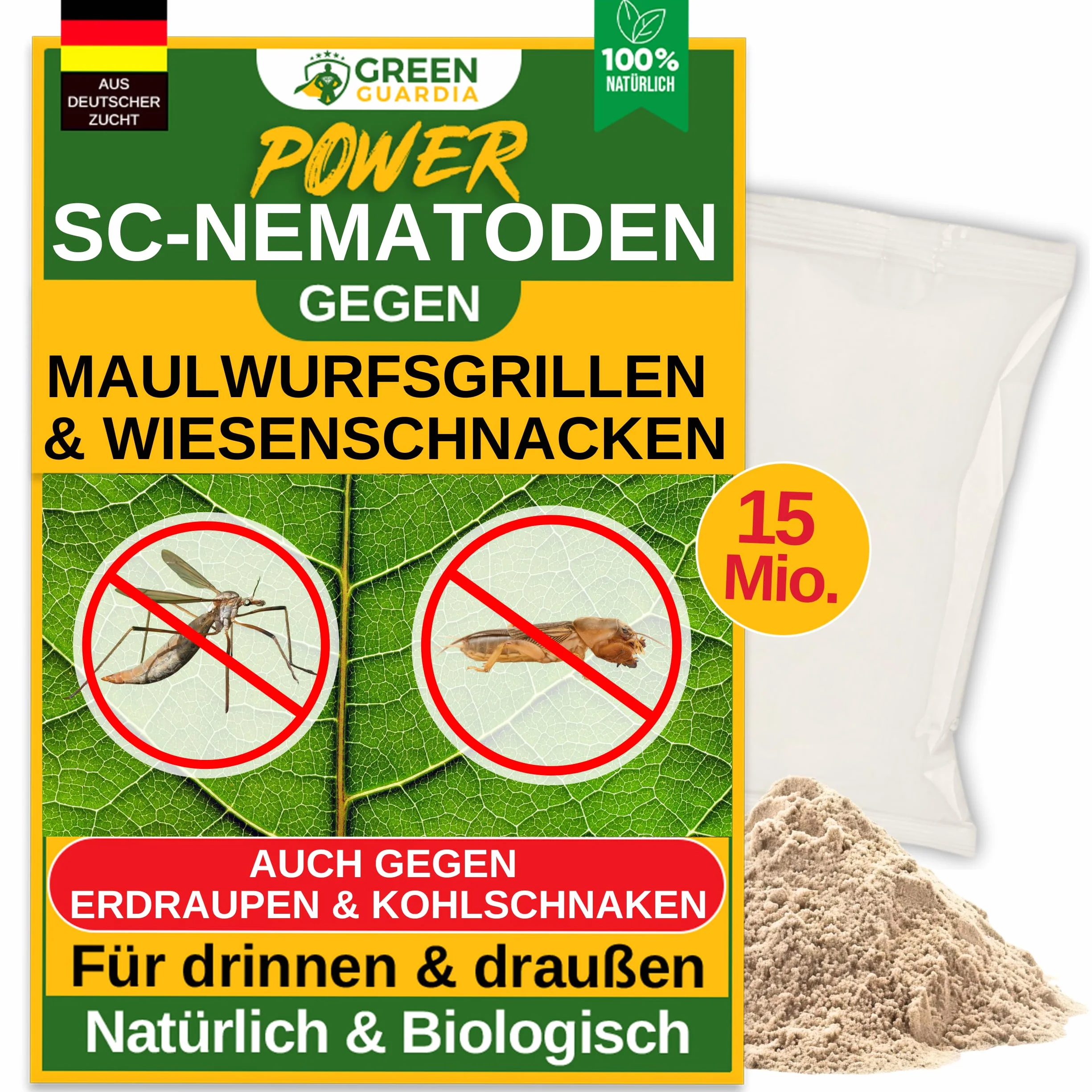 GREEN GUARDIA Nematodi Super SC contro talpe, spuntini da prato e fuochi – 25 milioni (50 m²) – Agente biologico per il controllo efficace delle talpe, senza sostanze chimiche