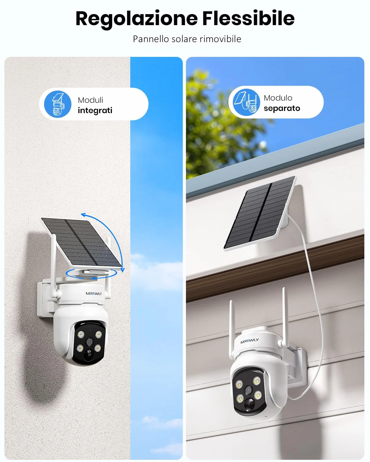 Telecamera Wi-Fi Esterno con Pannello Solare 2 in 1, 4MP/2.5K Senza Fili, 360°, Visione Notturna a Colori, Rilevamento PIR