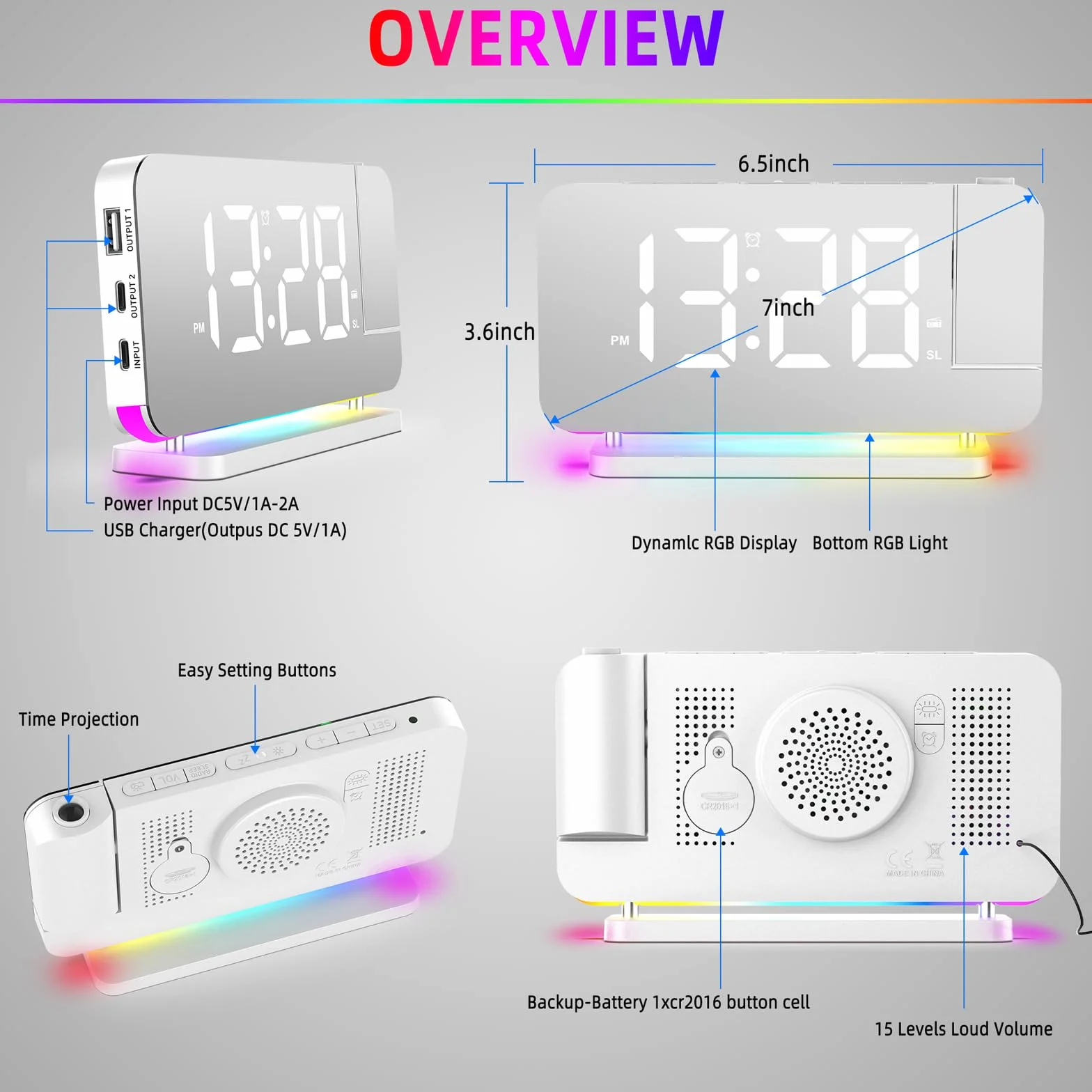 Radiosveglia Digitale con Proiezione e FM 6 Livelli Luminosità Schermo 4 Proiezione Snooze