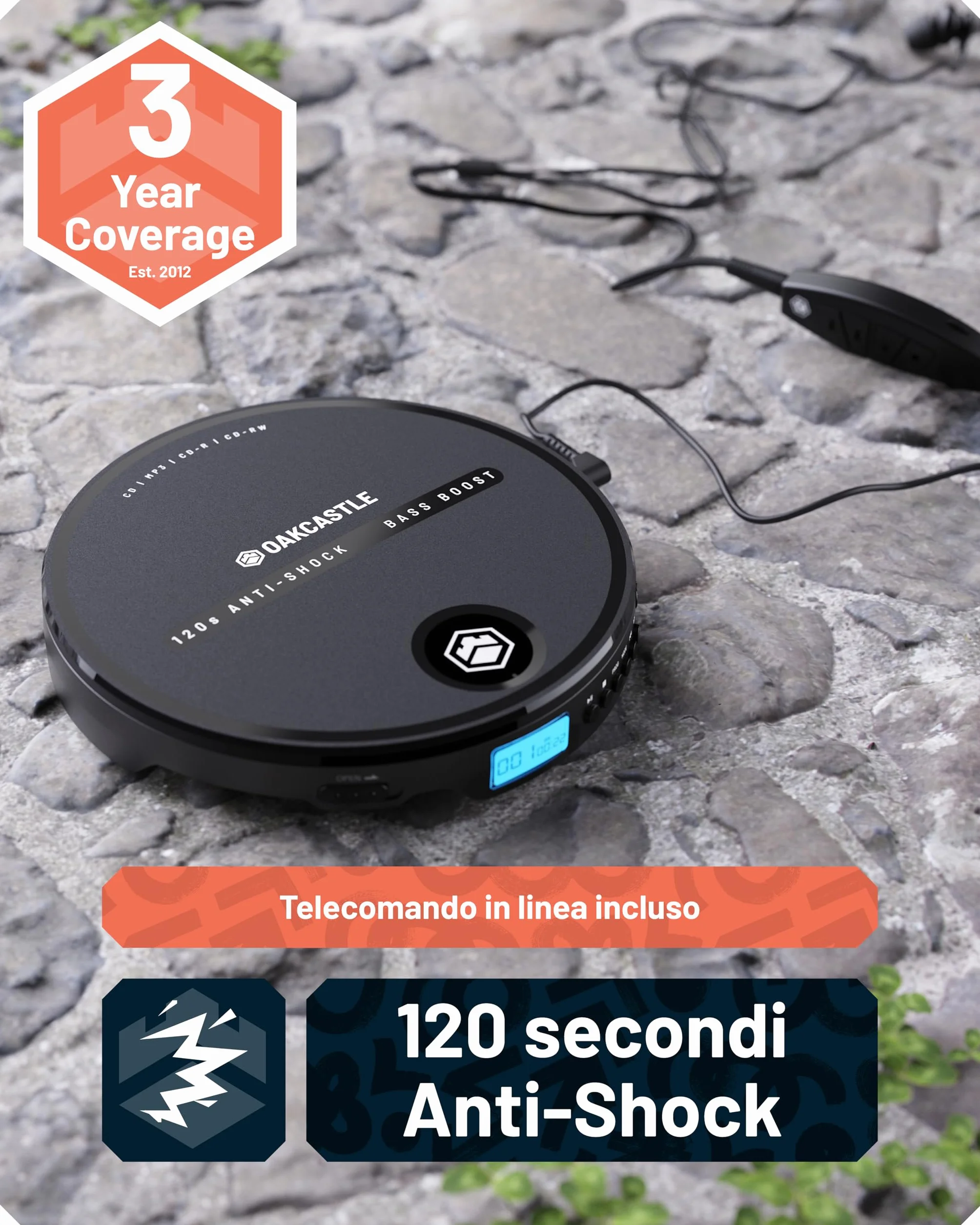 Oakcastle CD10 Lettore CD Portatile con Cuffie, CD CDR CDRW MP3, Anti-Skip ESP, Bass Boost, Autonomia 7 Ore