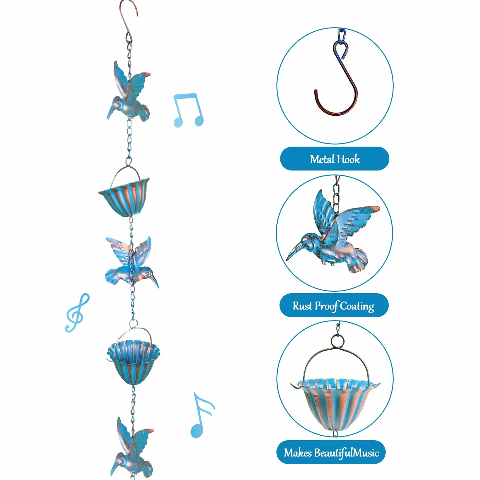 2,4 m Catene della Pioggia, Rain Chain Blu Colibrì Ferro retrò Collettore di Acqua Piovana per Esterni Adatto per Grondaie e Cornicioni del Cortile