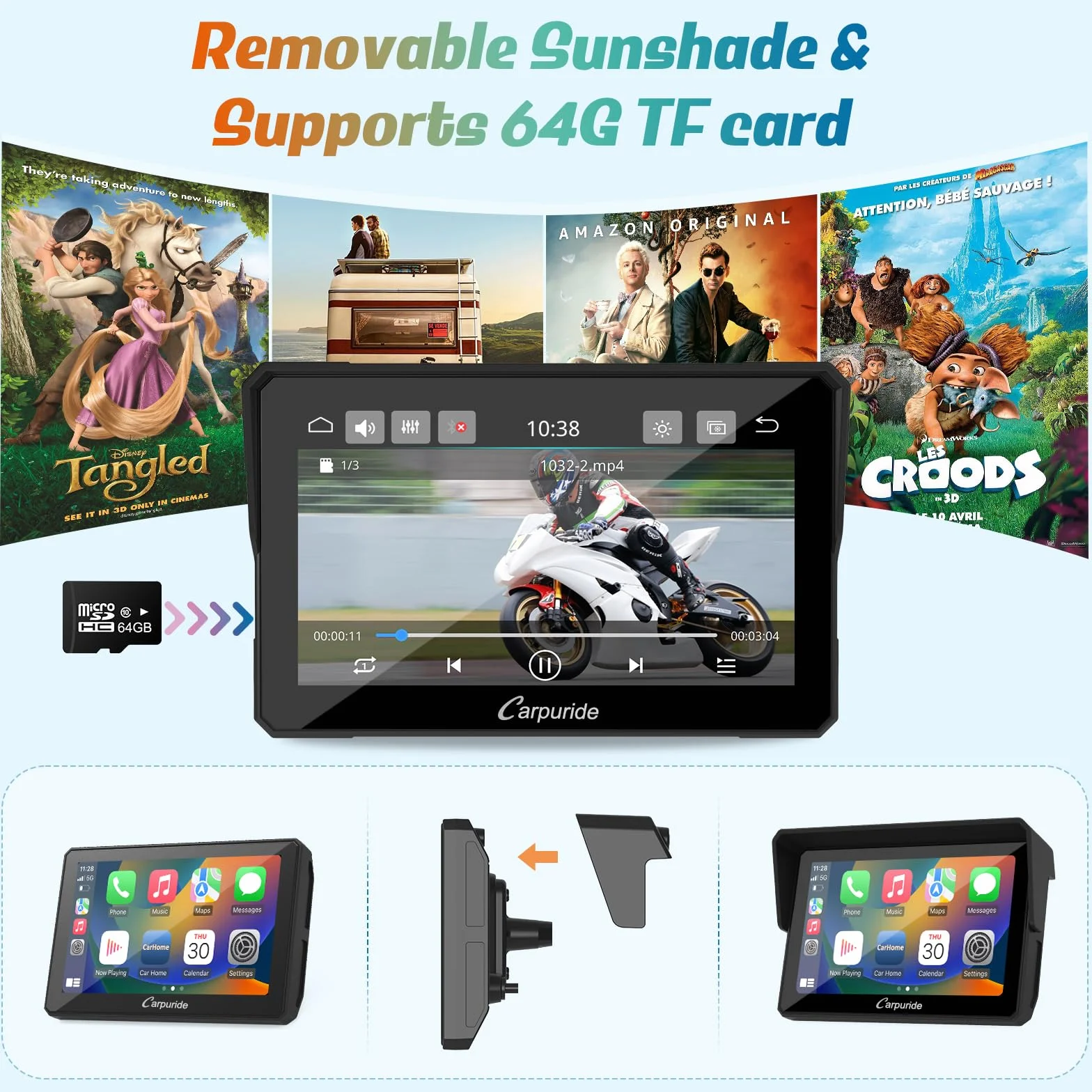 Carpuride W502B Schermo CarPlay 5 Pollici Touchscreen Impermeabile per BMW Moto R1200GS R1250GS S1000XR Navigazione GPS Wireless CarPlay Android Auto Doppio Bluetooth