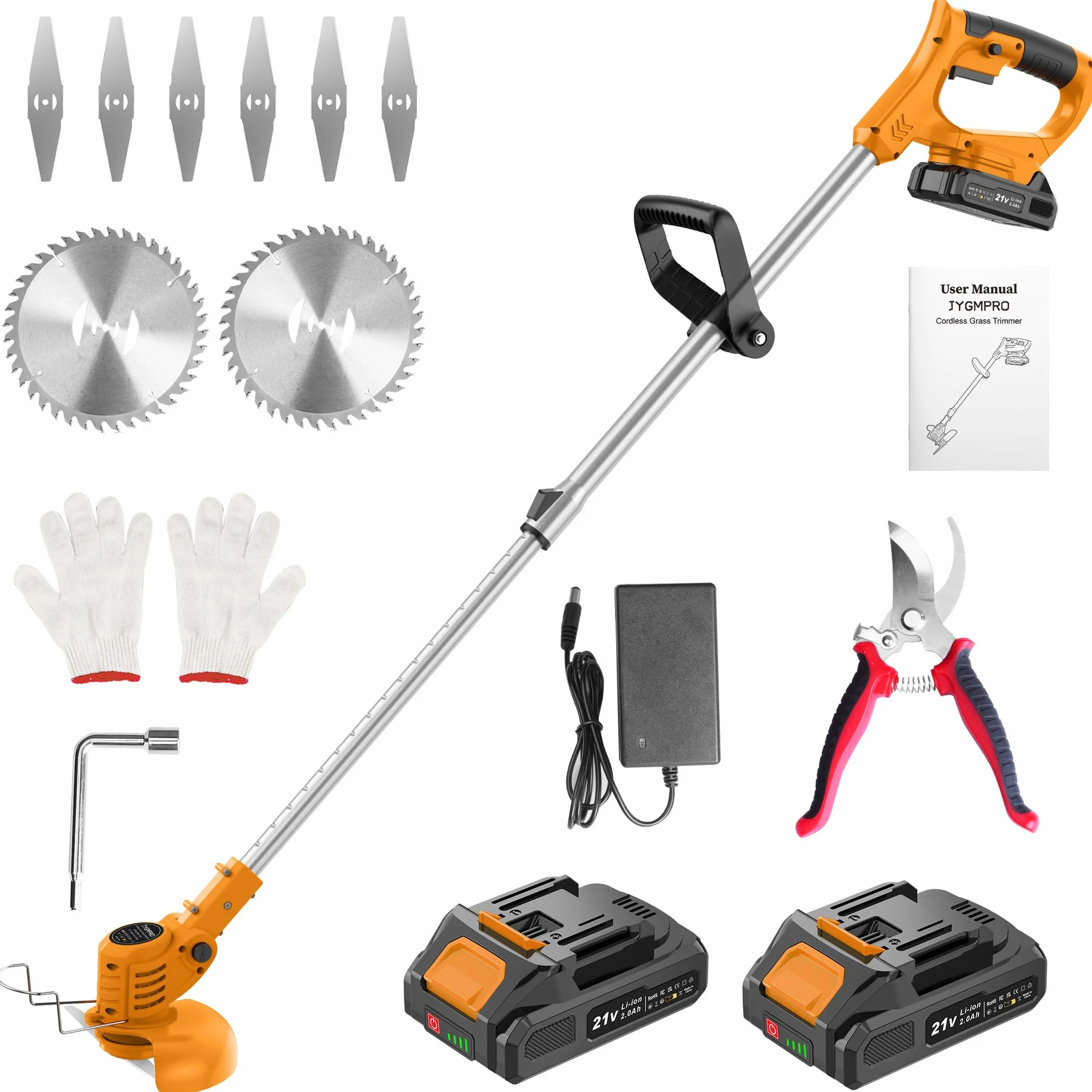 Decespugliatore a Batteria, Tagliabordi a Batteria 21V con 2 Batterie 2.0Ah, Altezza e Angolazione Regolabili, Decespugliatore Per il Taglio di Giardini, Prati e Terreni