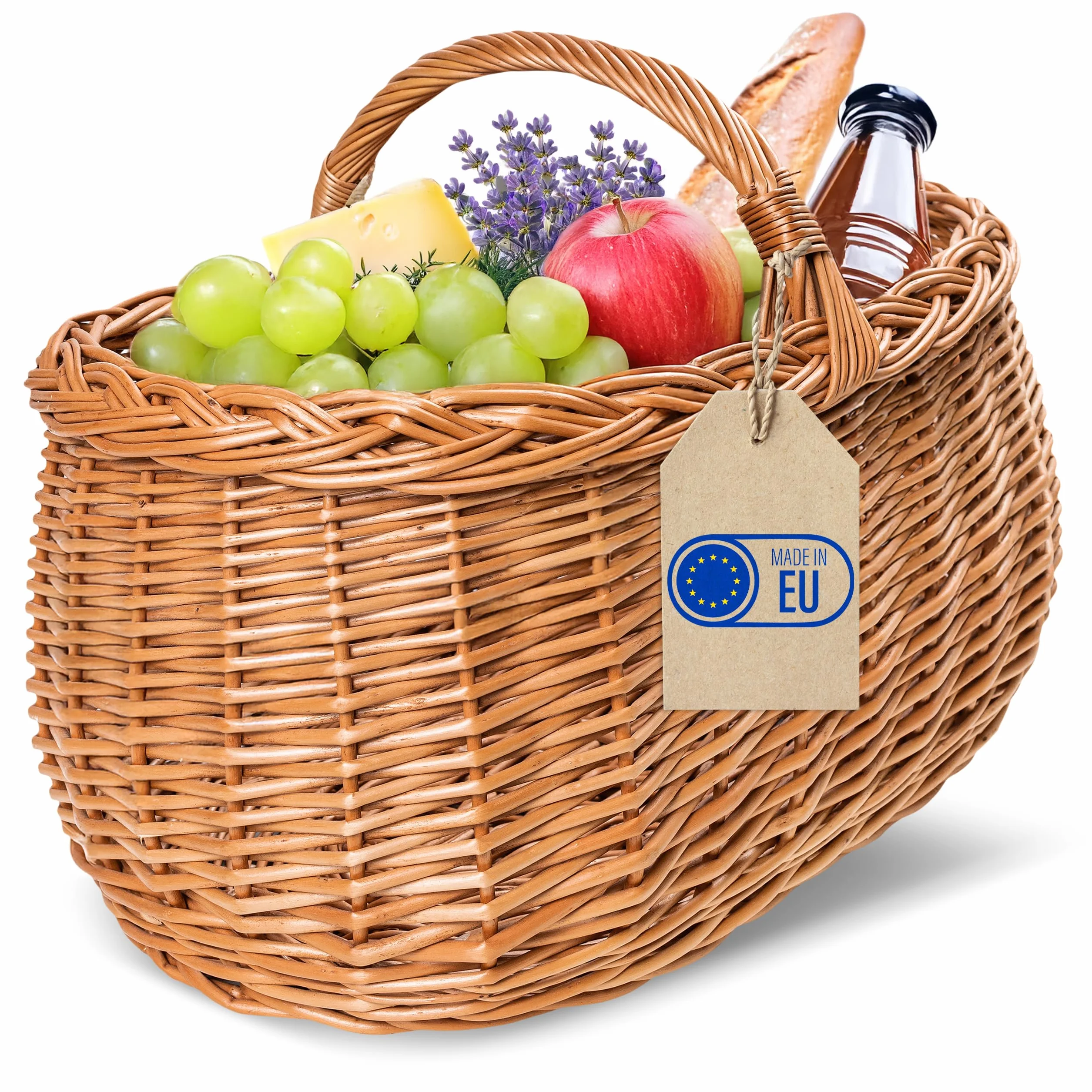 Creative Home Cestino in Vimini con Manico e Treccia | Cestino per Auto, Cesto Funghi Picnic | 45 x 32 x 34 cm (+/- 1 cm) | Intrecciato a Mano, Durevole | Salice Naturale Marrone Spesso | Multiuso