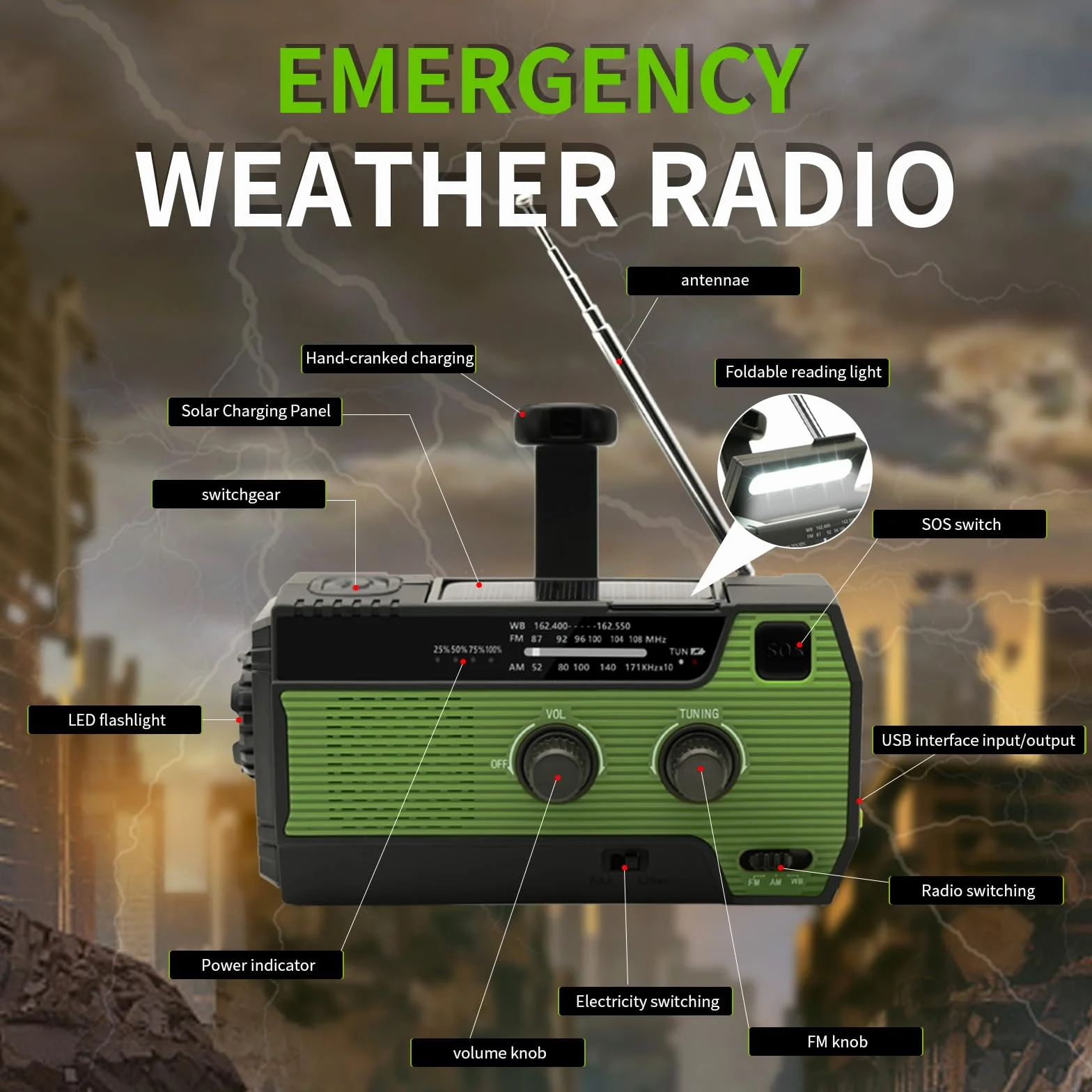 SOLARBABY Radio solare di emergenza con manovella, torcia LED, allarme SOS, AM/FM, batteria 4000 mAh, ricarica smartphone (Verde)
