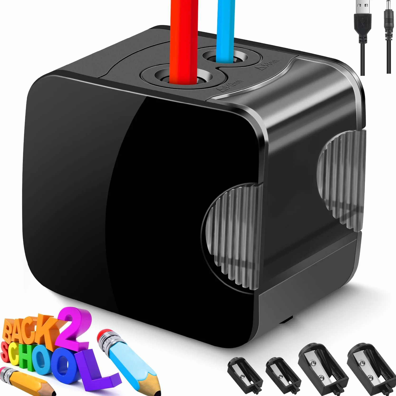 Temperamatite Elettrico USB Professionale Doppio Foro 6-12mm, 4 Lame, Serbatoio per Scuola Ufficio