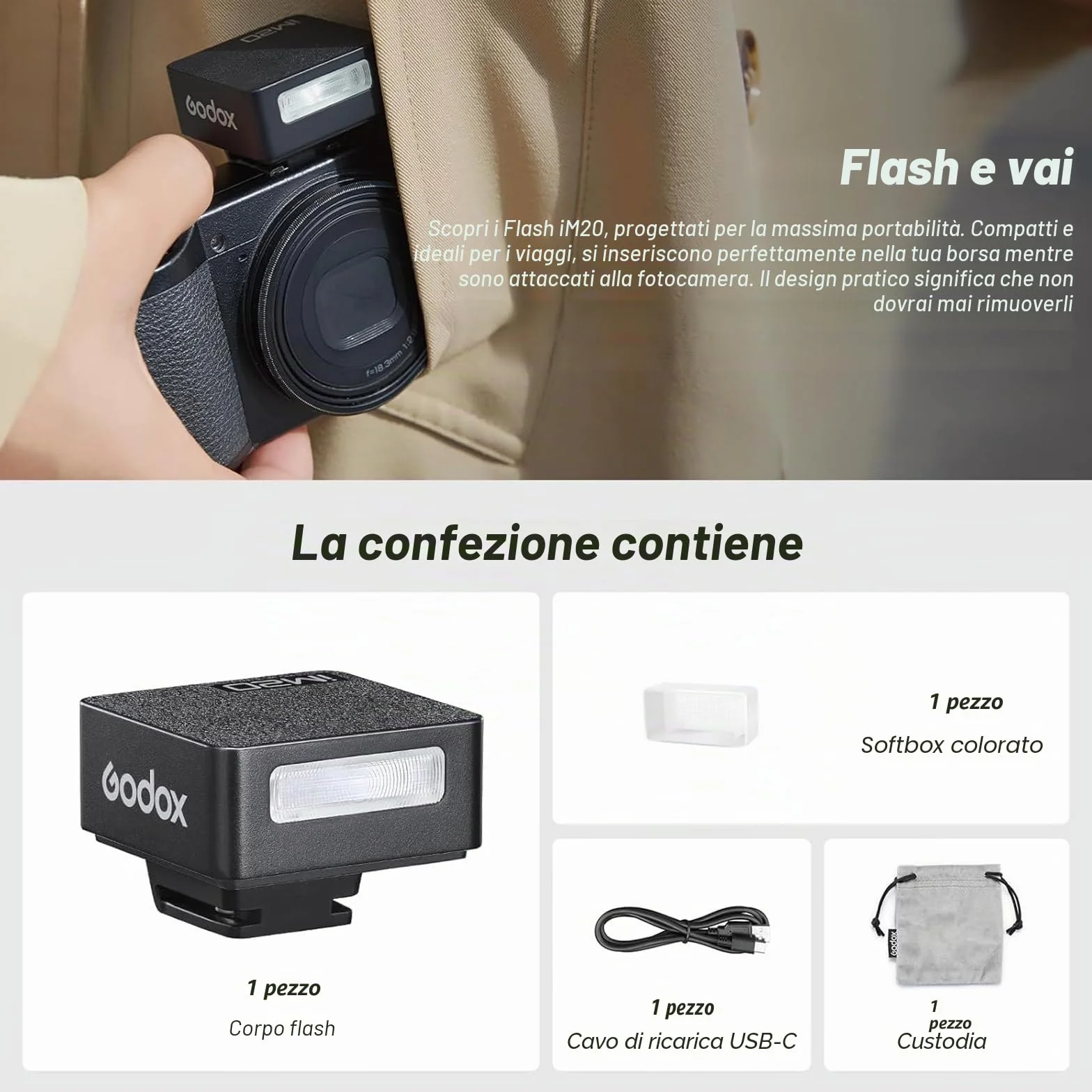 Godox iM20 Mini Flash Speedlite per Fotocamera 470 mAh Tipo-C 440 flash 3s Riciclo 5 Livelli Potenza per Sony ZVE10 ZV1 A7III Ricoh GR3 Fujifilm F1