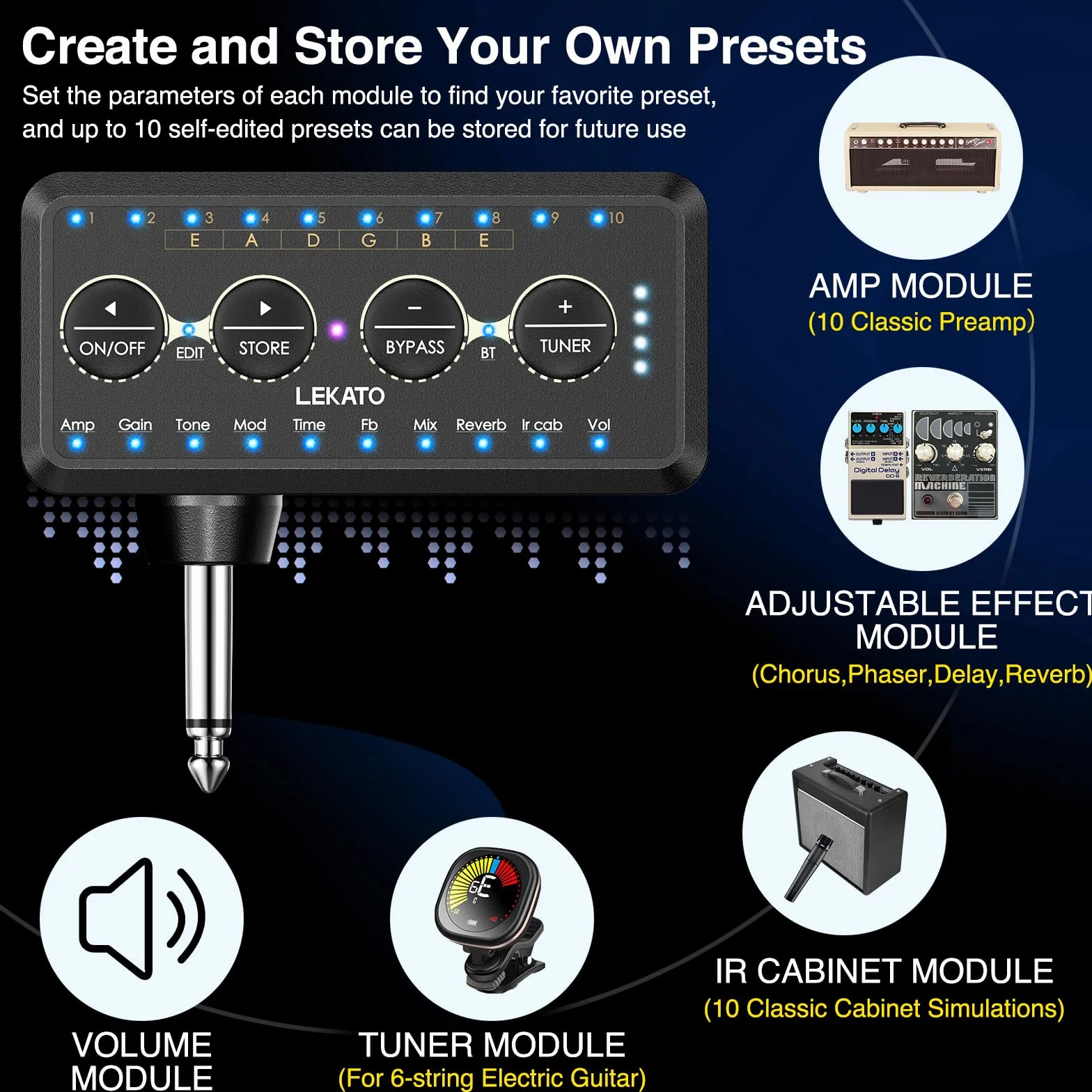LEKATO Guitar Headphone Amp Mini Amplificatore per Chitarra con 10 Preset, 10 Modelli, 10 IR, Accordatore, Bluetooth, Multi Effetti