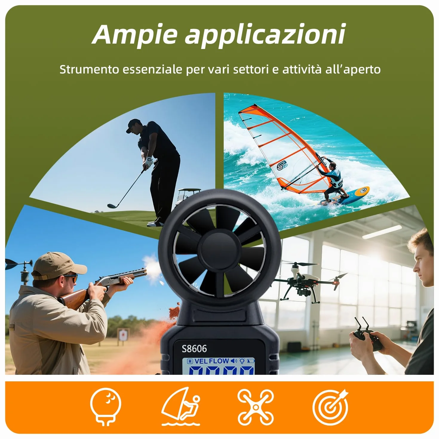 Anemometro Portatile 3 in 1 Misuratore di Velocità del Vento per Esterni Nela Surf Volo