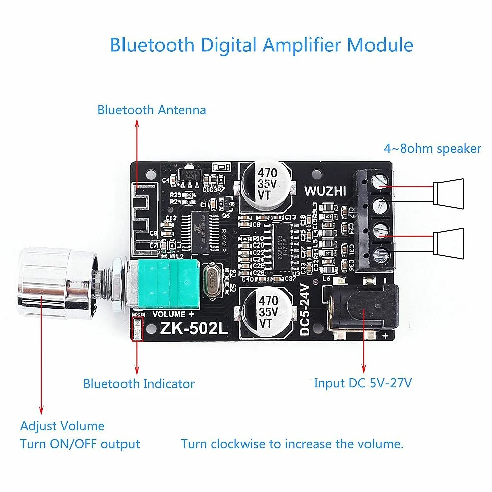 DollaTek TPA3116 Bluetooth 5.0 Mini Amplificatore di Potenza Digitale 2x50W con Interruttore e Volume Regolabile