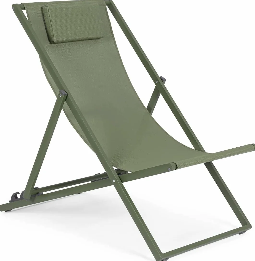 Sedia A Sdraio Pieghevole In Alluminio Verniciato Verde, Telo In texilene, Schienale Reclinabile 3 Posizioni, 60 x 101 x 35 Cm Per Giardino E Piscina