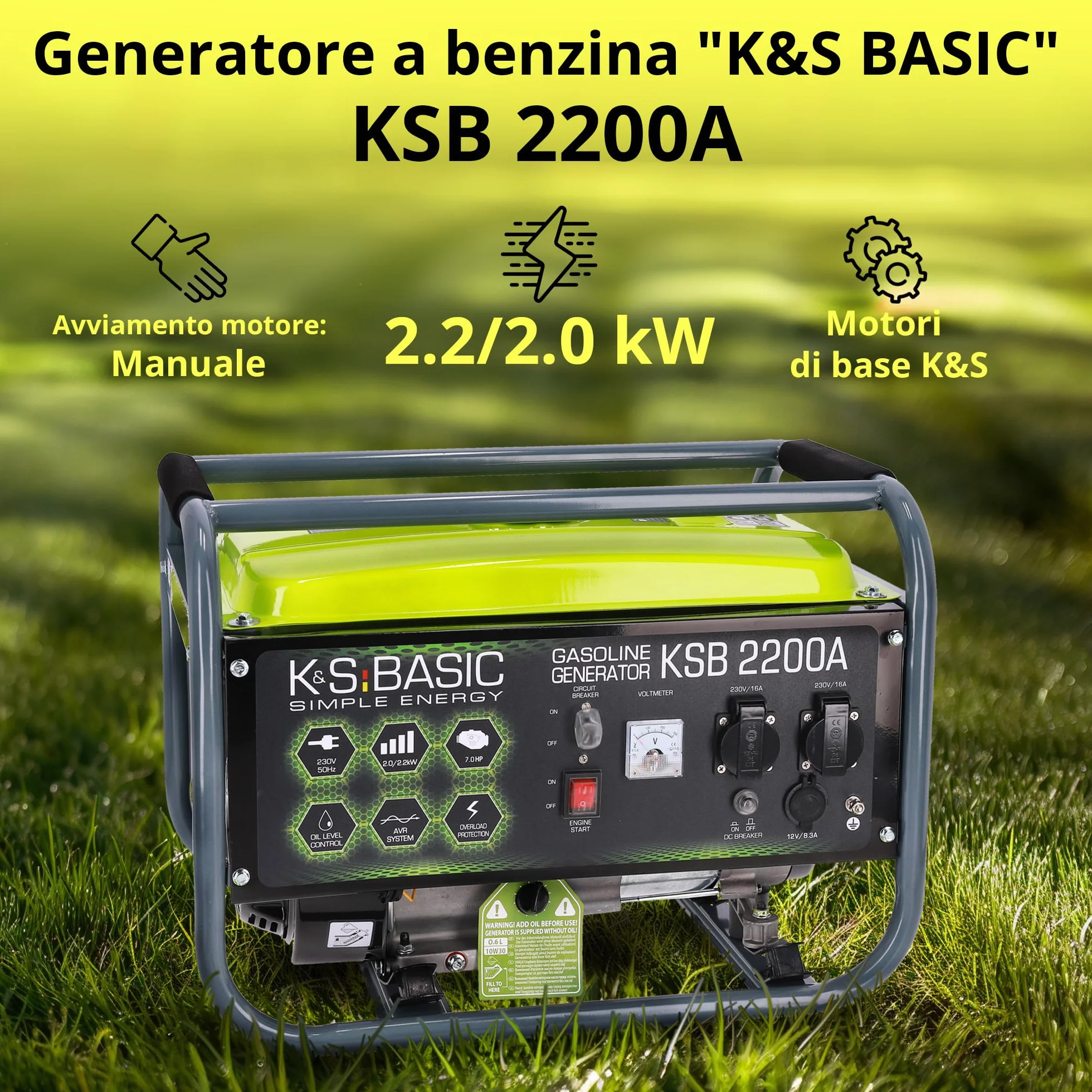 KSB 2200А - Generatore di corrente, motore a benzina a 4 tempi, 5,5 CV, in alluminio, con regolatore automatico di tensione (AVR), 2200 W 16 A, 230 V per uso domestico e ricreativo