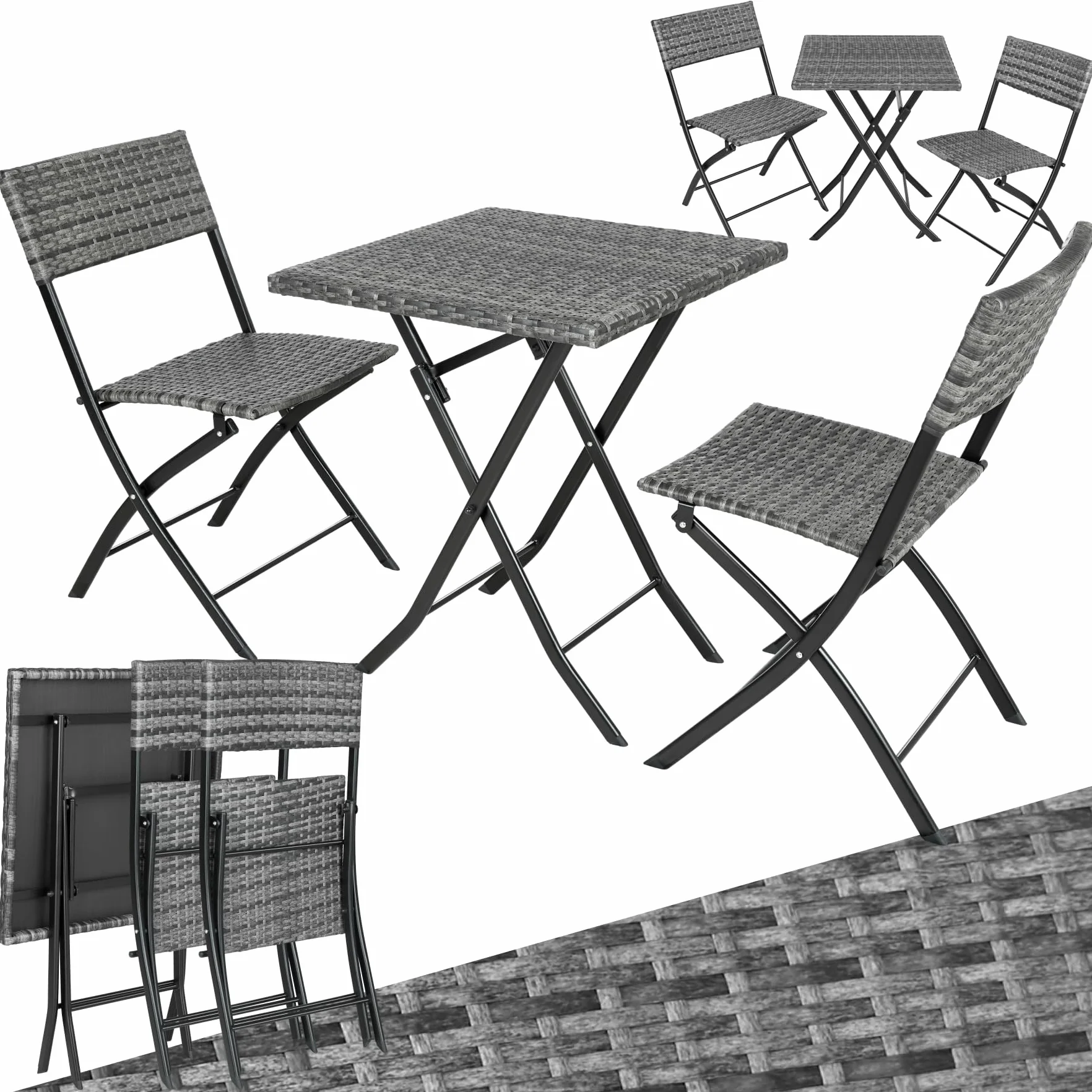 tectake® Set 3 Pezzi Trevi in Rattan, 1 Tavolo con 2 Sedie, Protezione dai Raggi UV, Ripiegabile, Design Moderno, Set Giardino, Terrazzo, Balcone, Campeggio - Grigio
